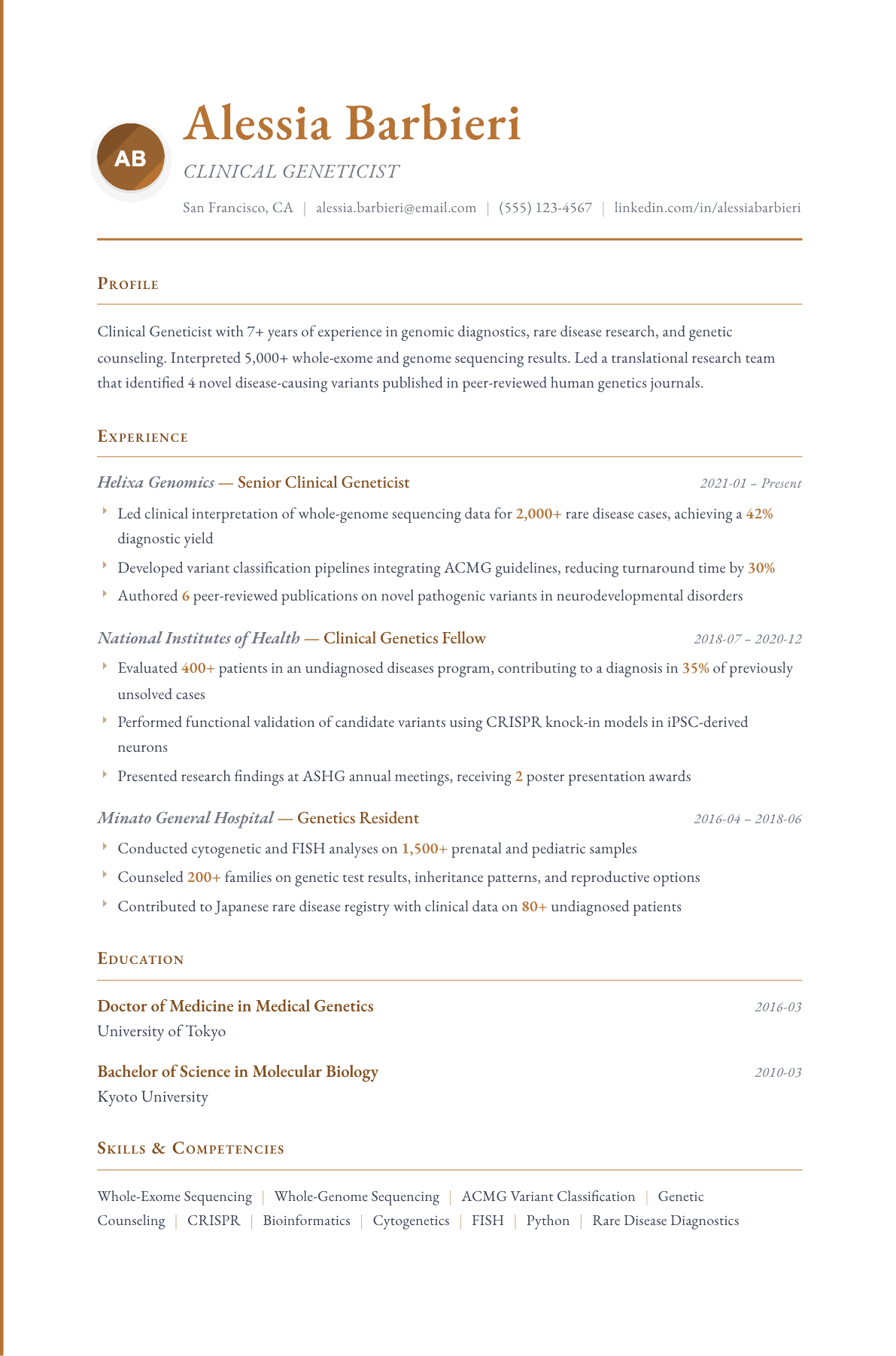 Geneticist resume example, Timeless template