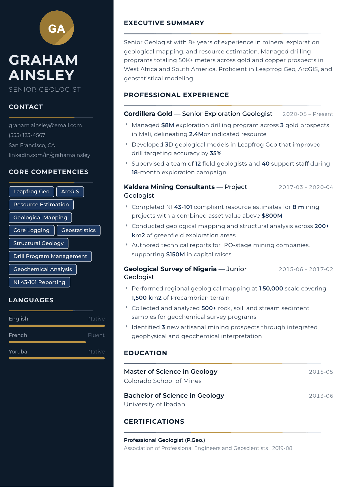 Geologist resume example, Catalyst template