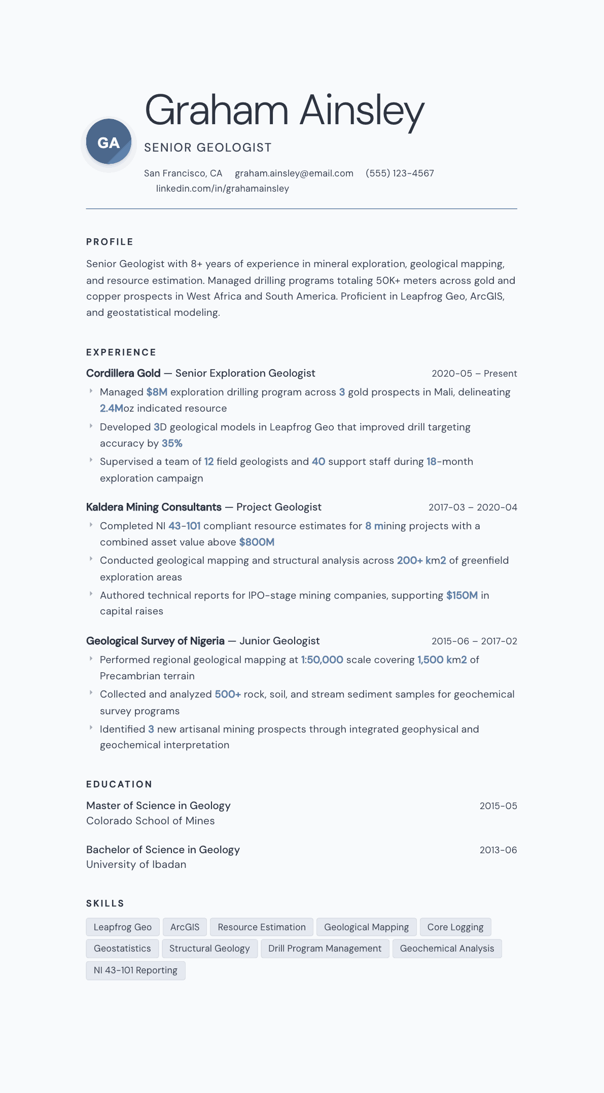 Geologist resume example, Nordic template