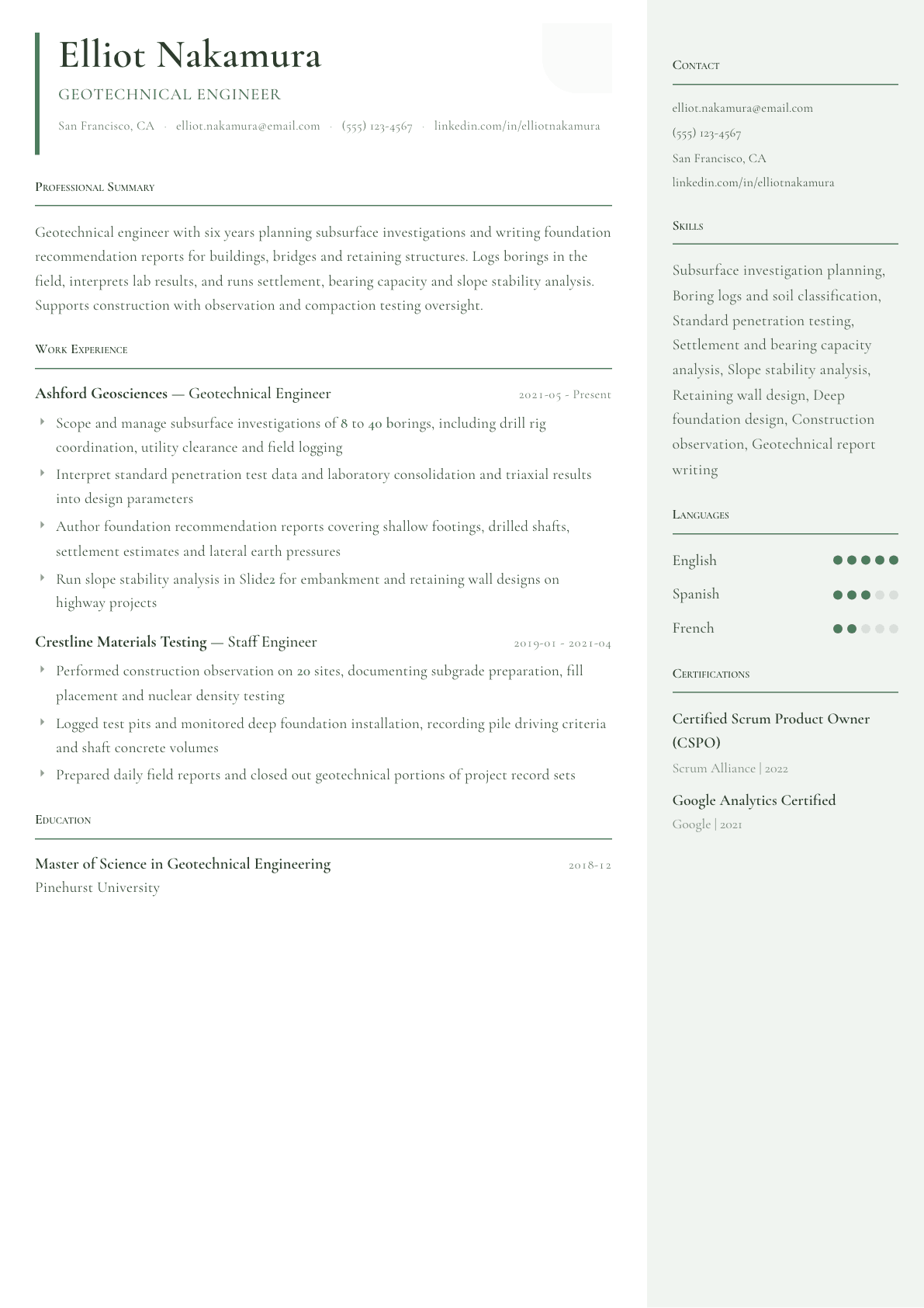 Geotechnical Engineer resume example, Copenhagen template
