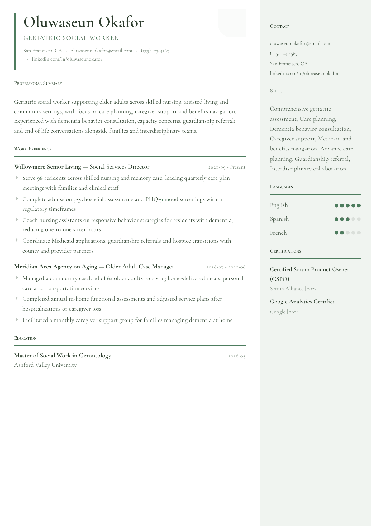 Geriatric Social Worker resume example, Copenhagen template