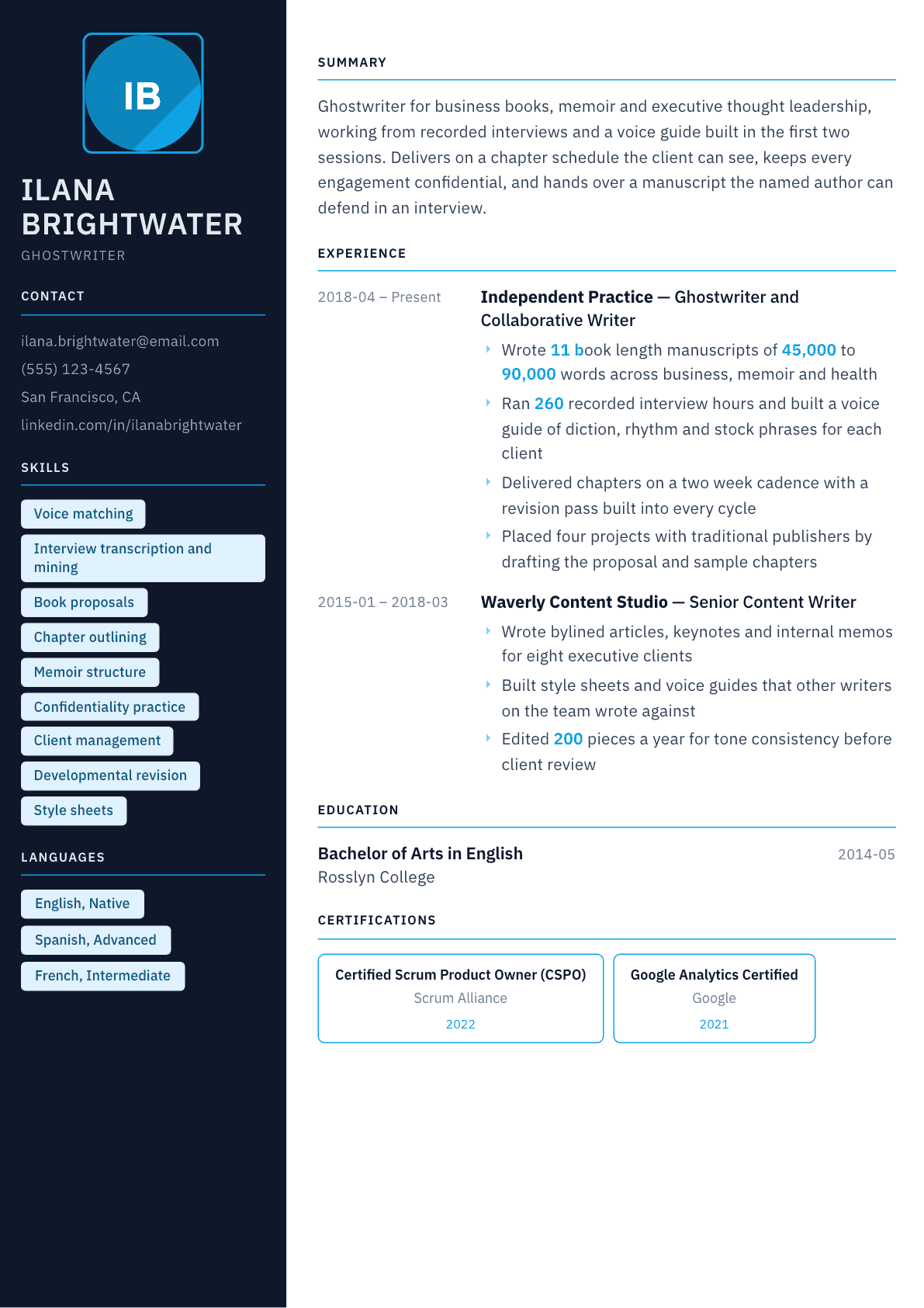 Ghostwriter resume example, Everest template