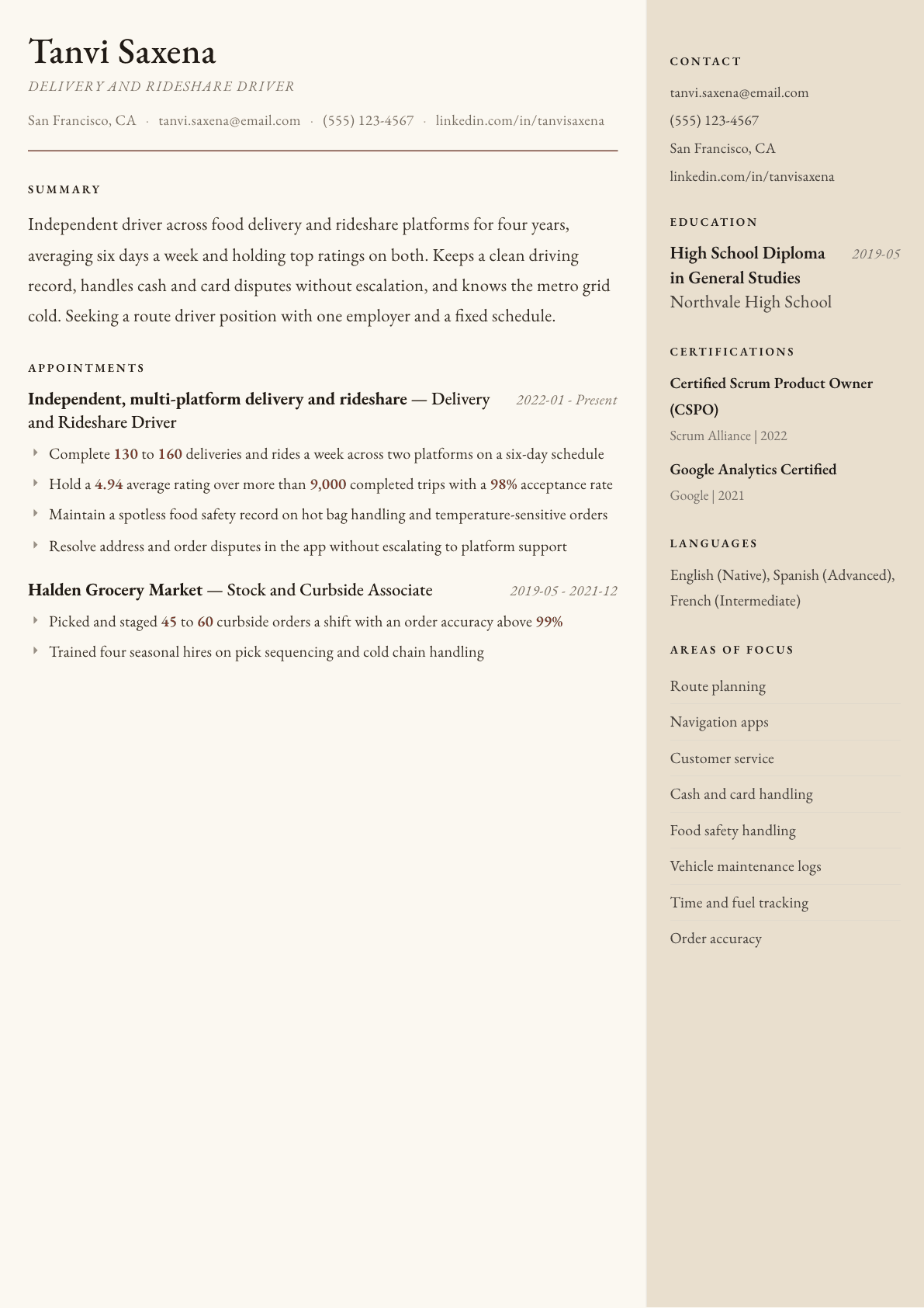 Gig Worker resume example, Manuscript template