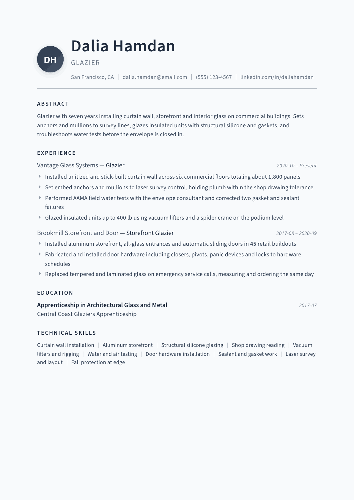 Glazier resume example, Thesis template