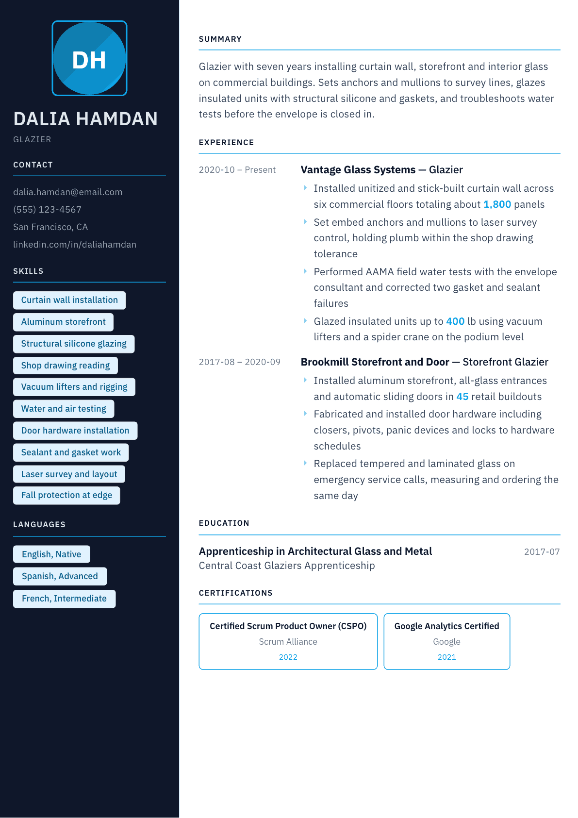 Glazier resume example, Everest template
