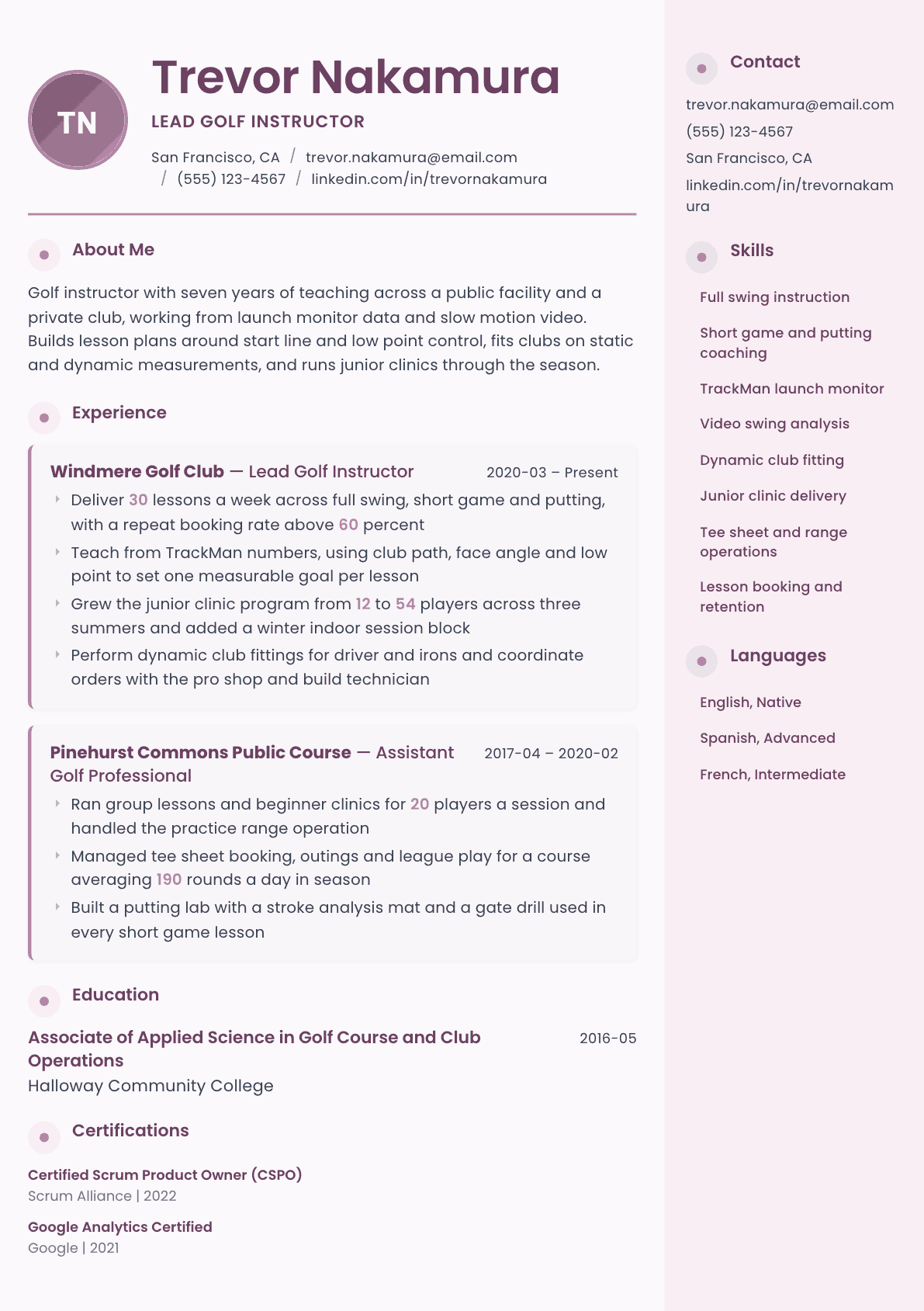 Golf Instructor resume example, Bloom template