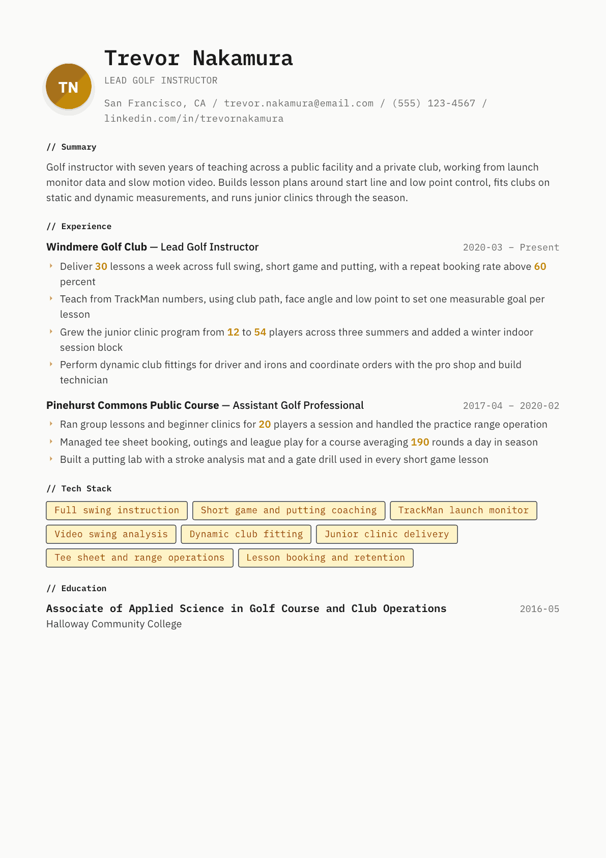Golf Instructor resume example, Inkwell template