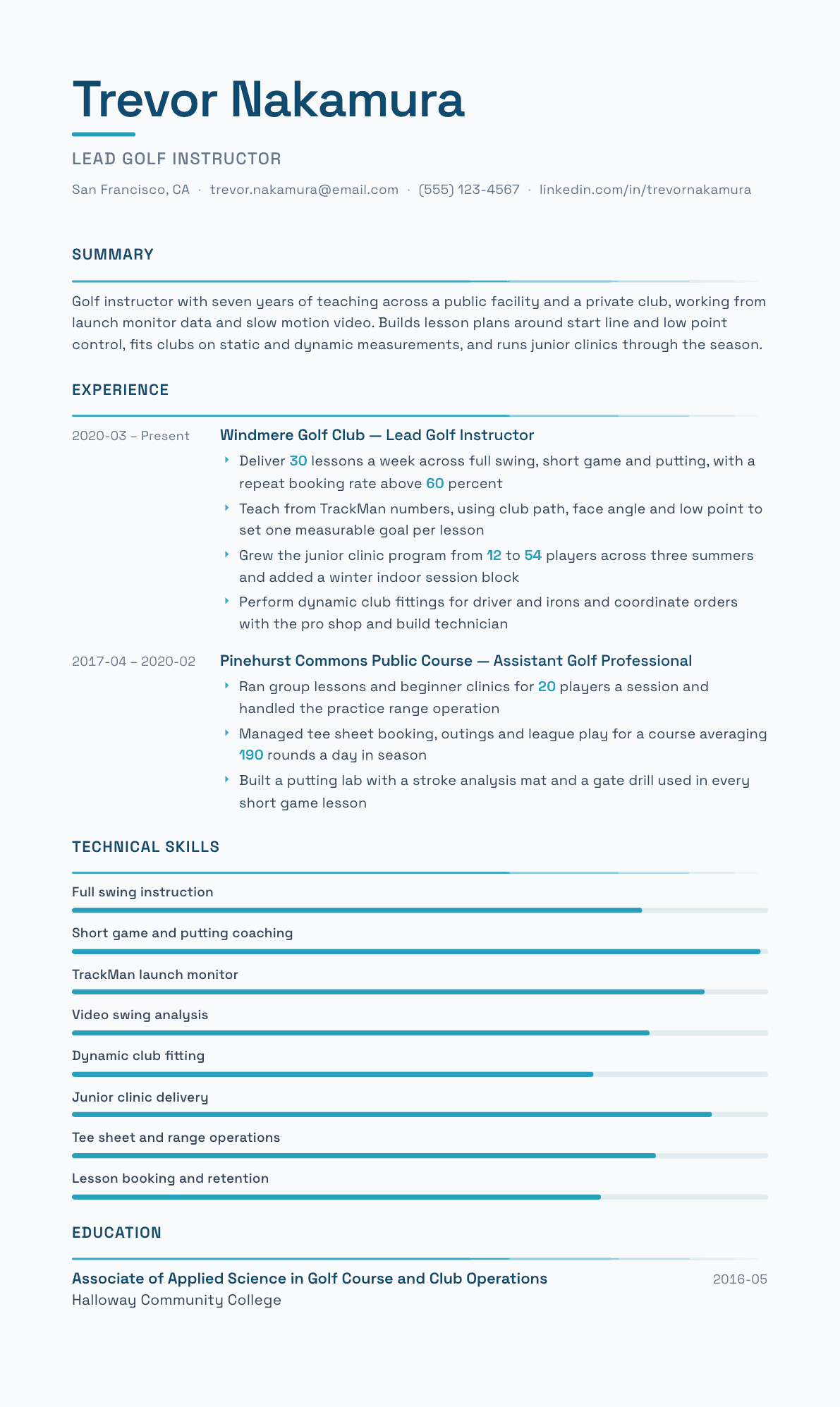 Golf Instructor resume example, Velocity template