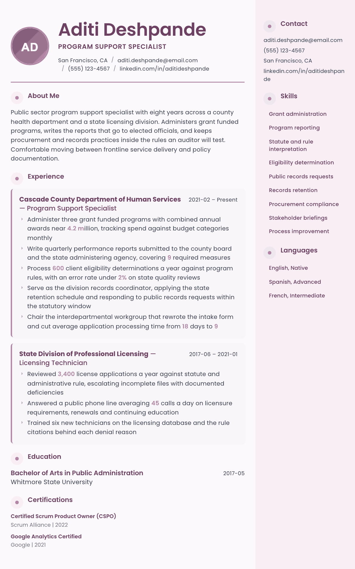 Government Employee resume example, Bloom template