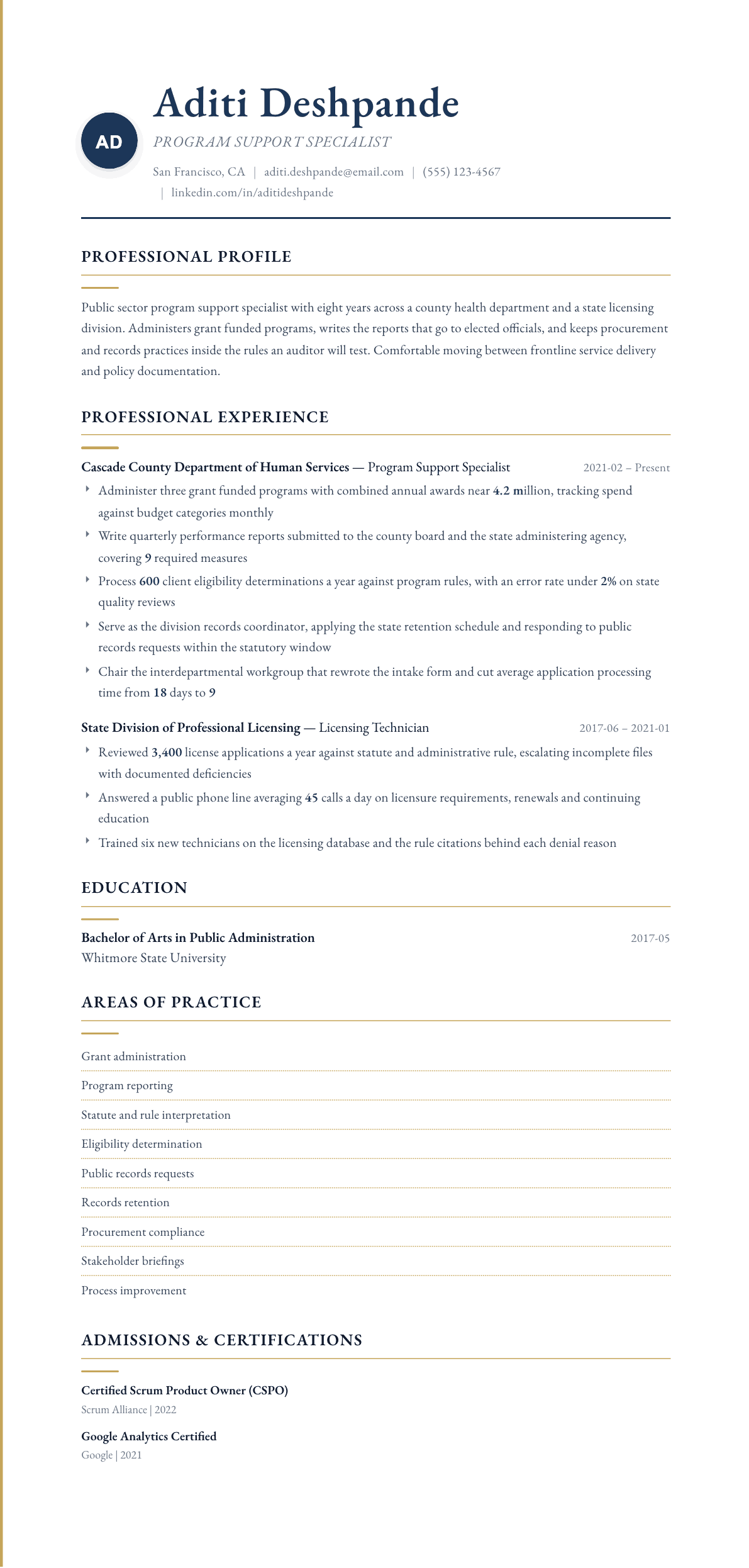 Government Employee resume example, Folio template