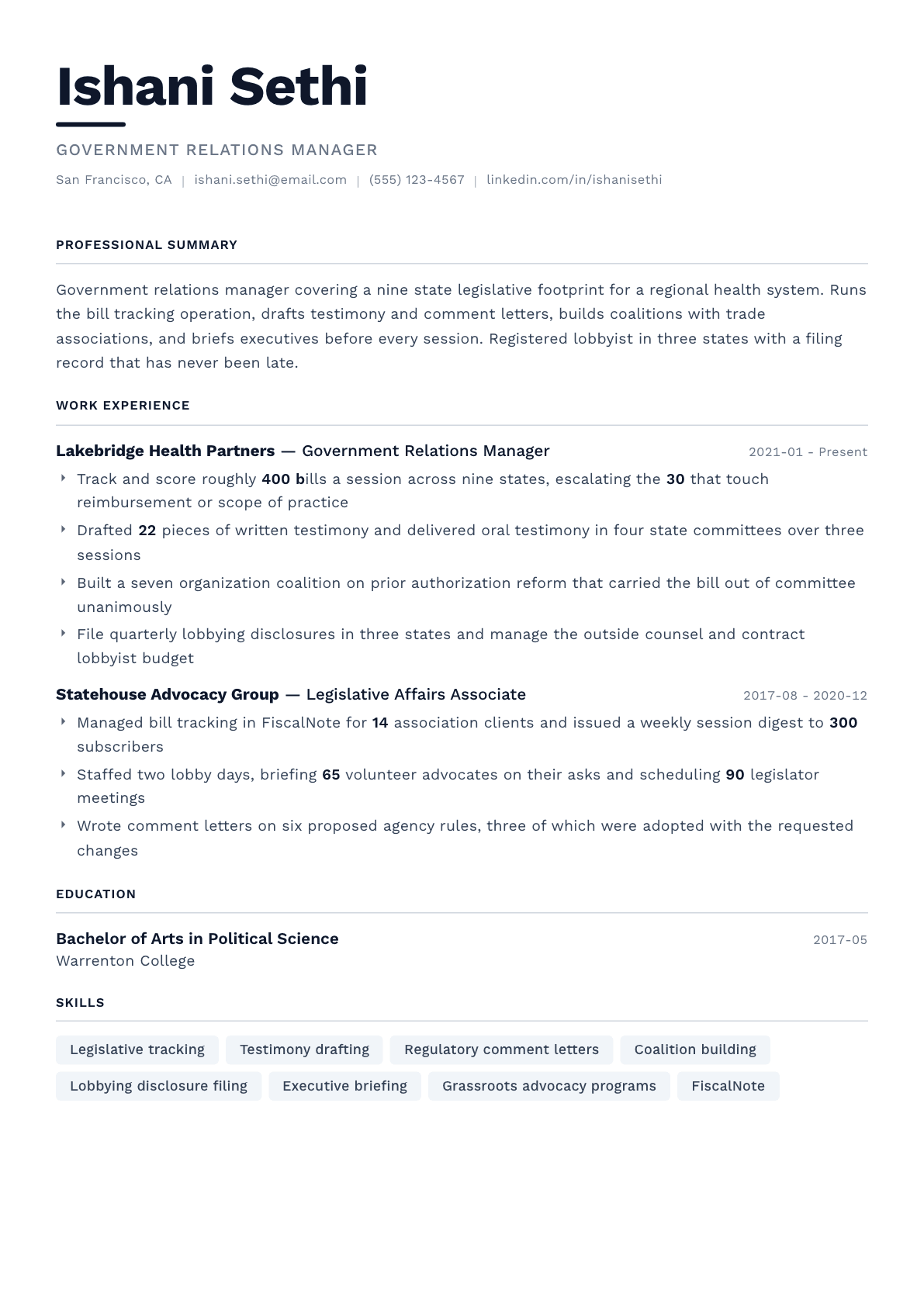 Government Relations Manager resume example, Berlin template