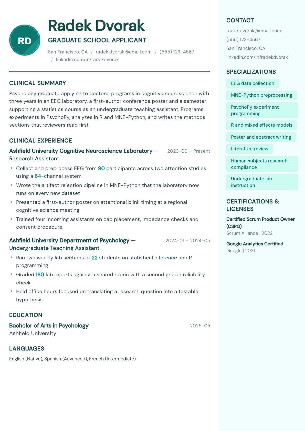 Graduate School Applicant resume example, Remedy template