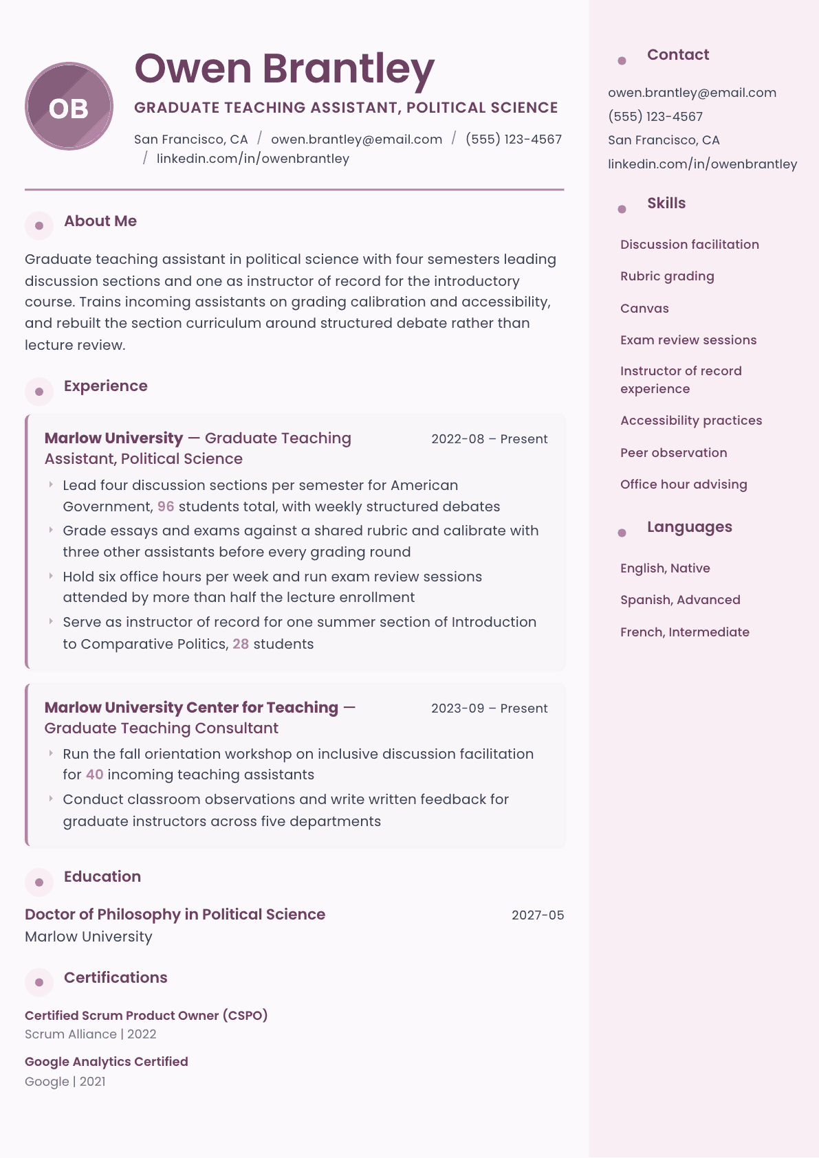 Graduate Teaching Assistant resume example, Bloom template