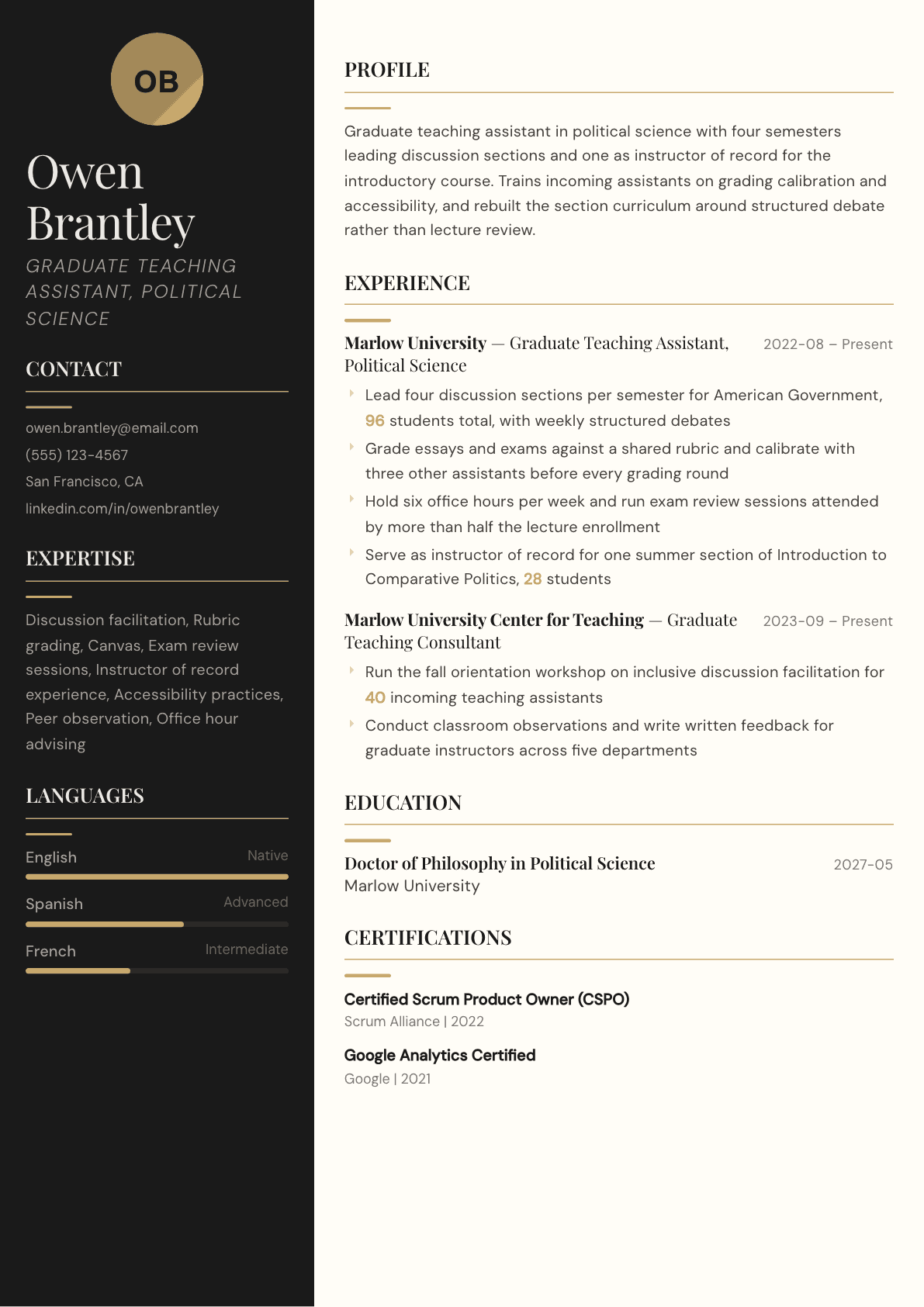 Graduate Teaching Assistant resume example, Obsidian template