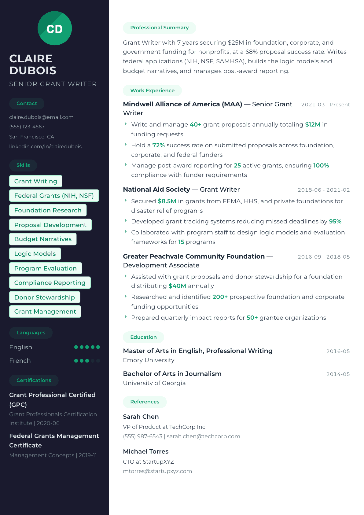 Grant Writer resume example, Oslo template