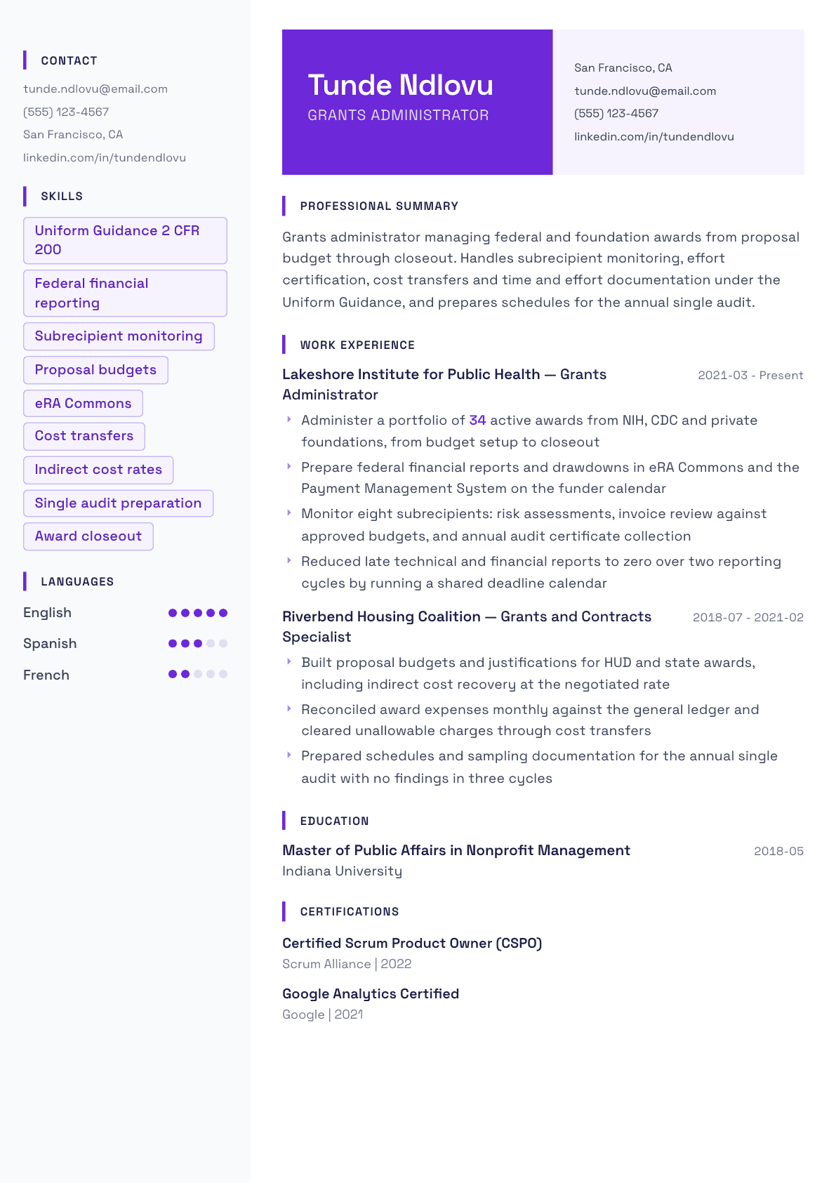Grants Administrator resume example, Tokyo template