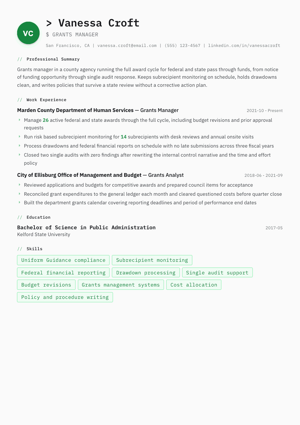 Grants Manager Government resume example, Amsterdam template