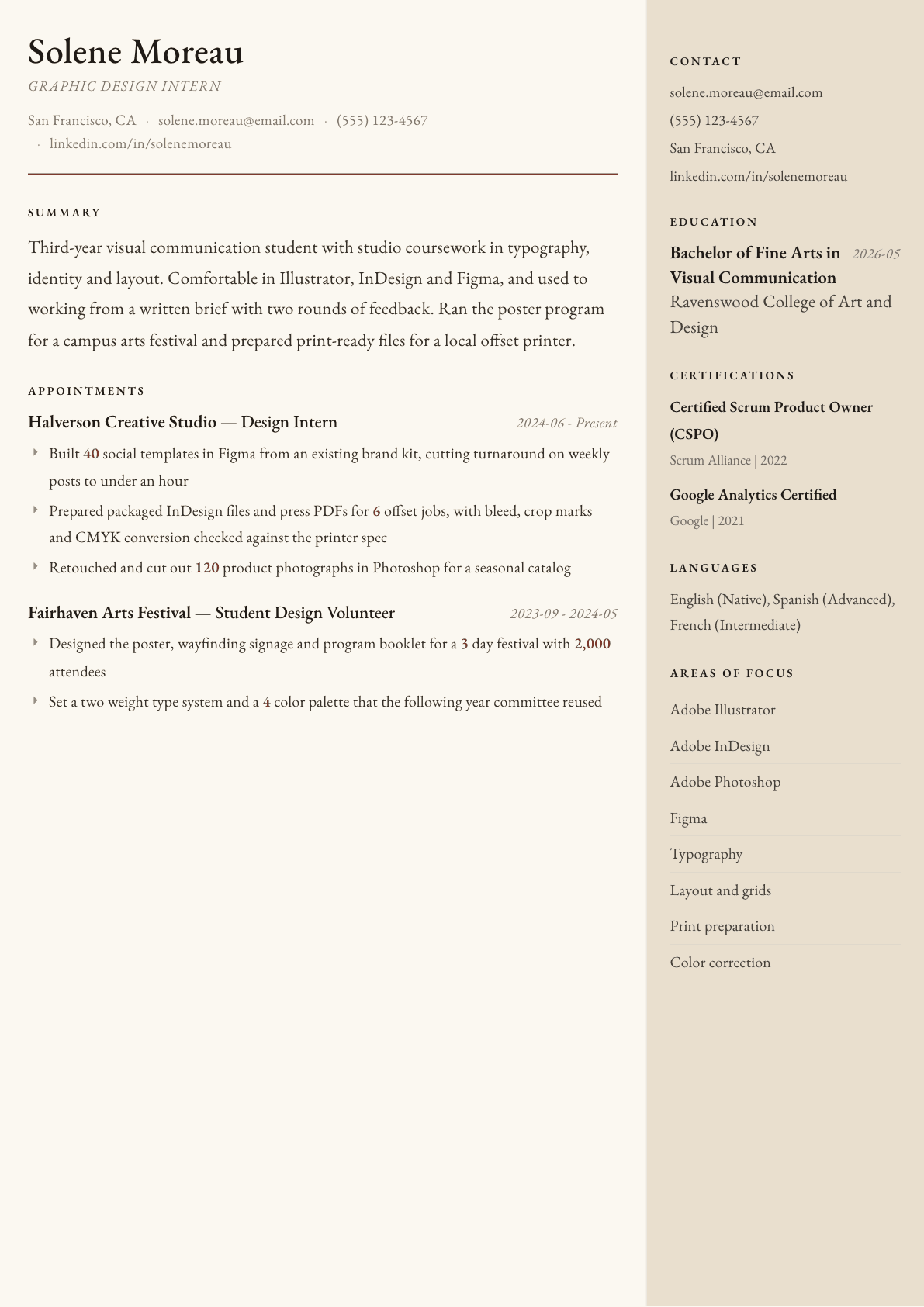 Graphic Design Intern resume example, Manuscript template