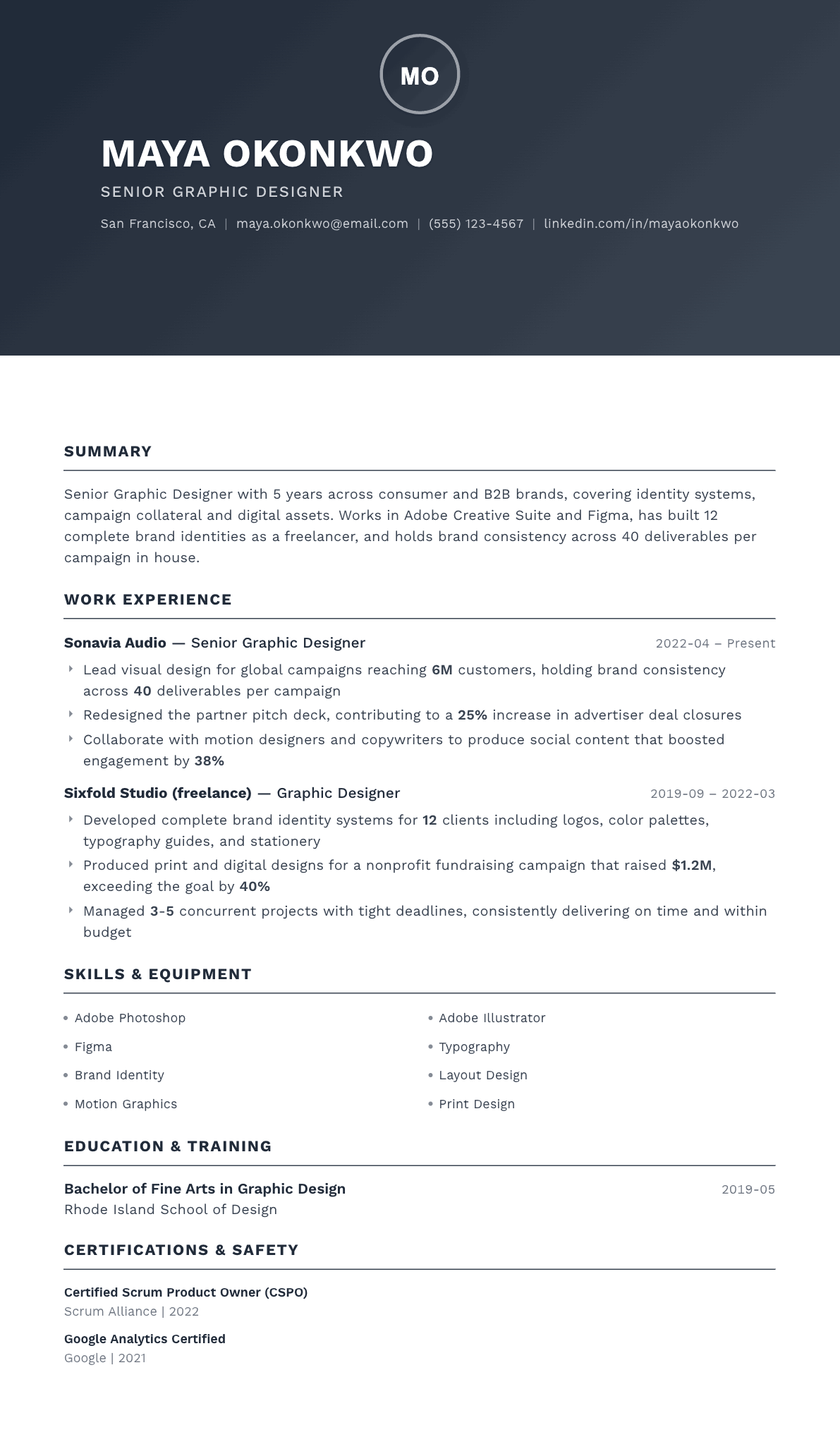 Graphic Designer resume example, Foundation template