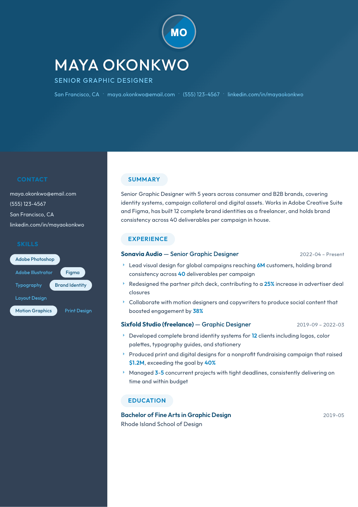 Graphic Designer resume example, Nexus template