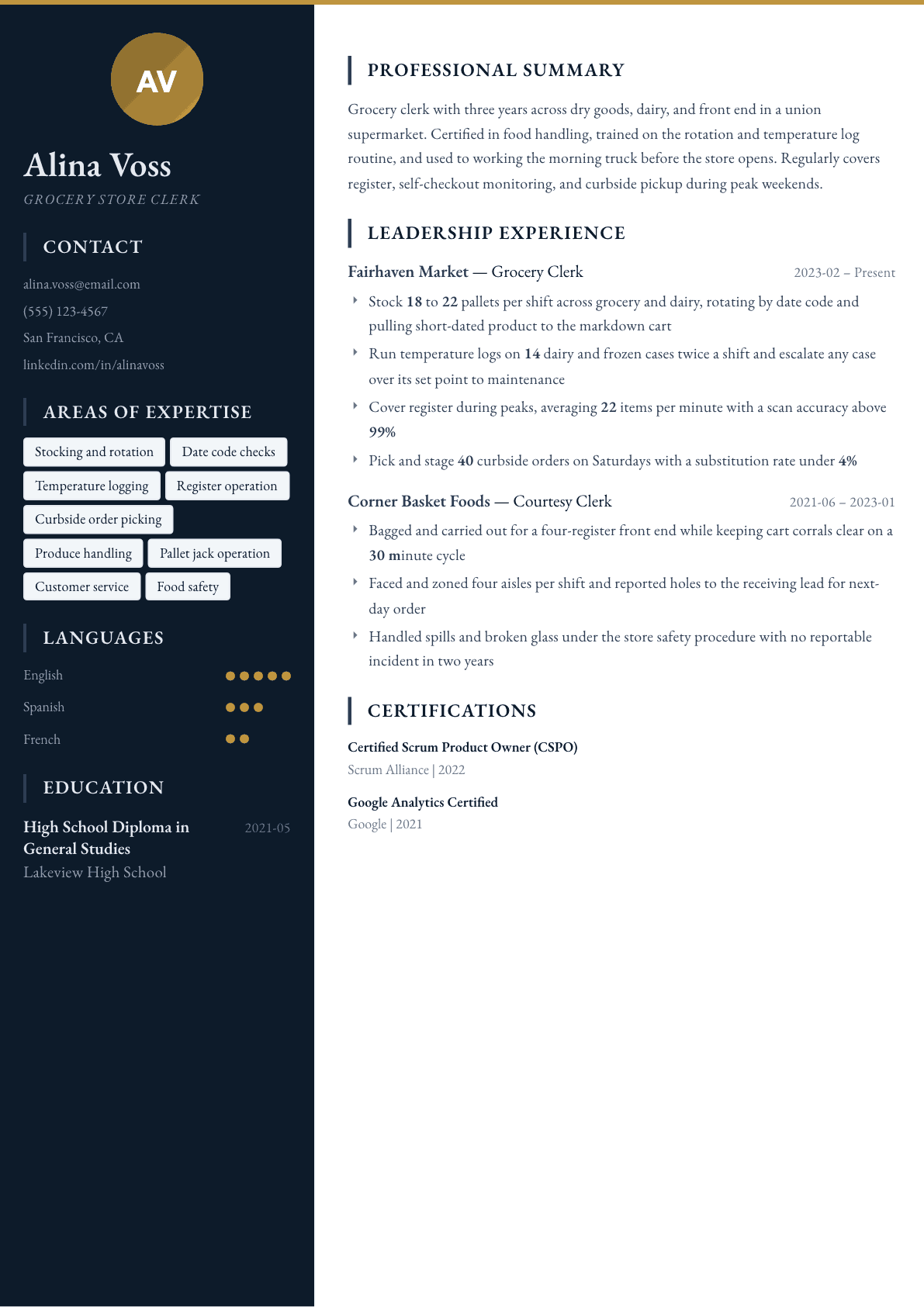 Grocery Store Clerk resume example, Presidio template