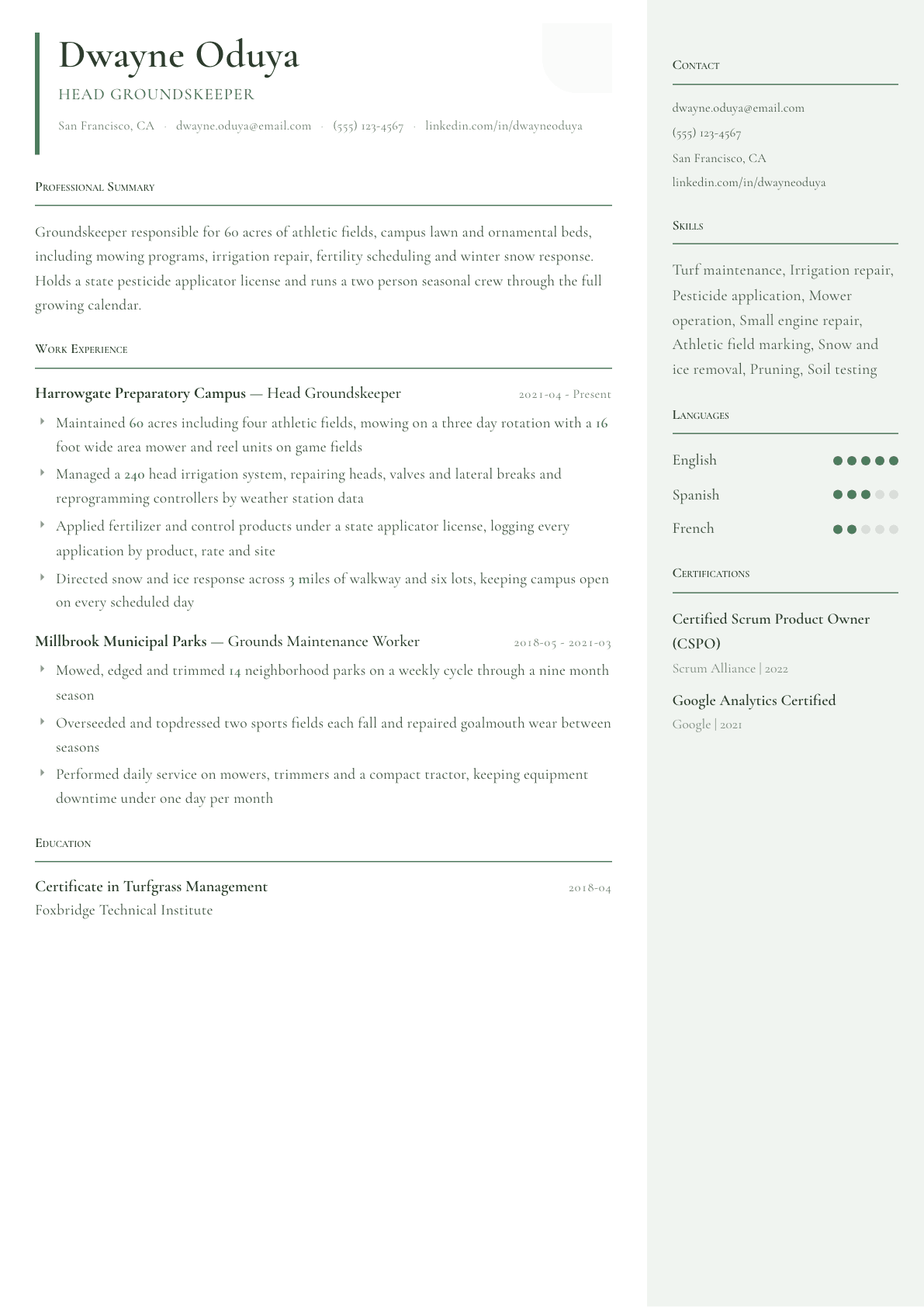 Groundskeeper resume example, Copenhagen template