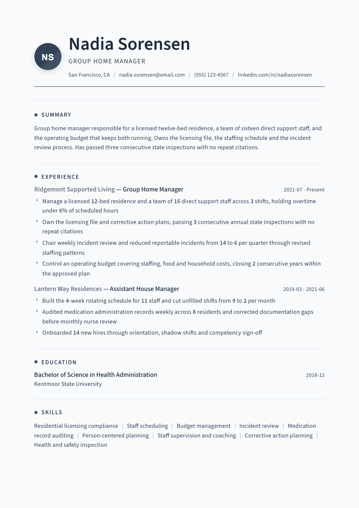 Group Home Manager resume example, Thread template