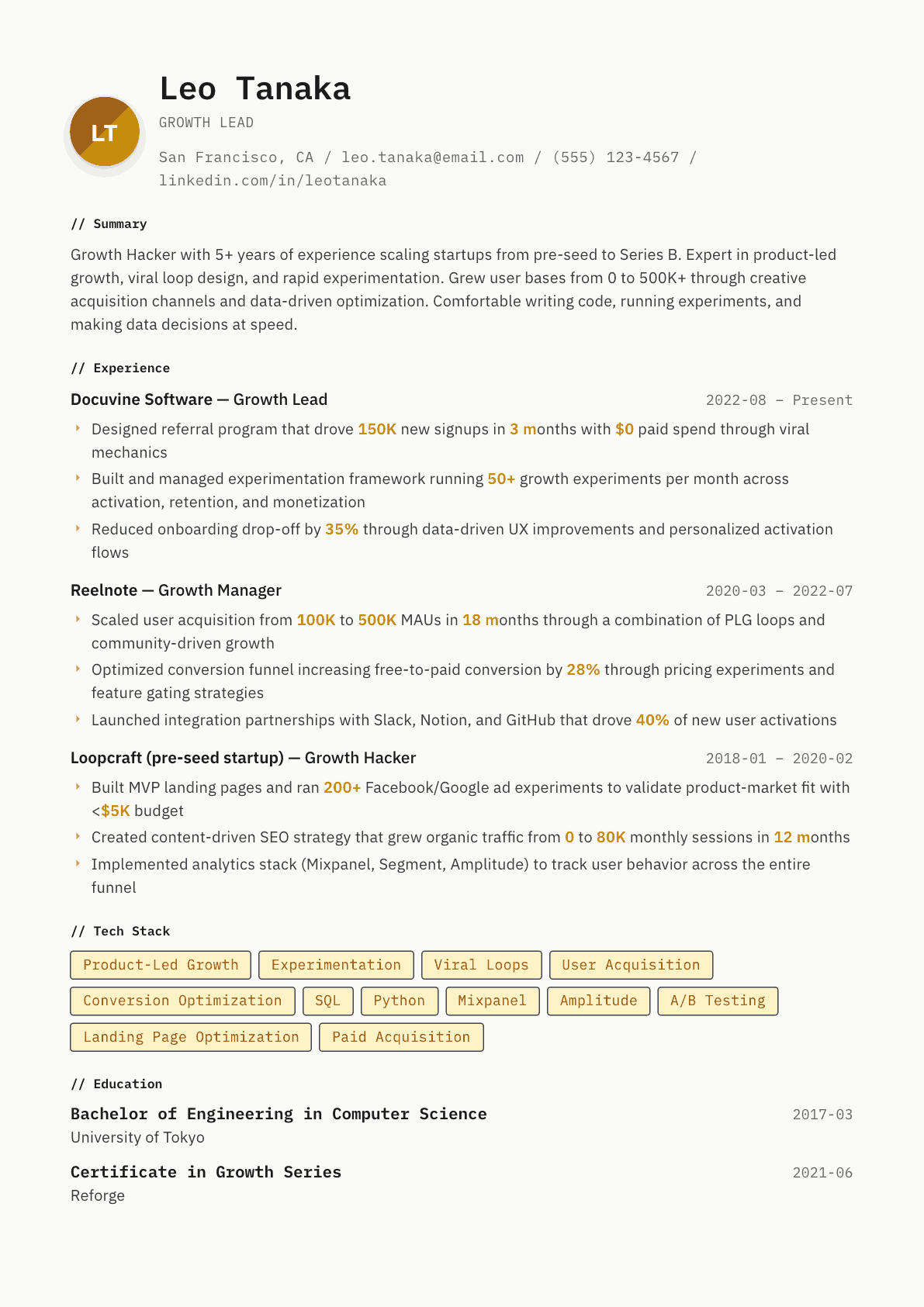 Growth Hacker resume example, Inkwell template