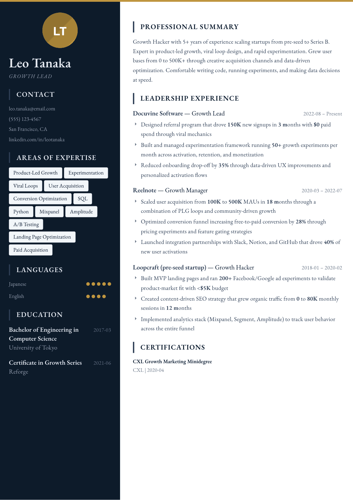 Growth Hacker resume example, Presidio template