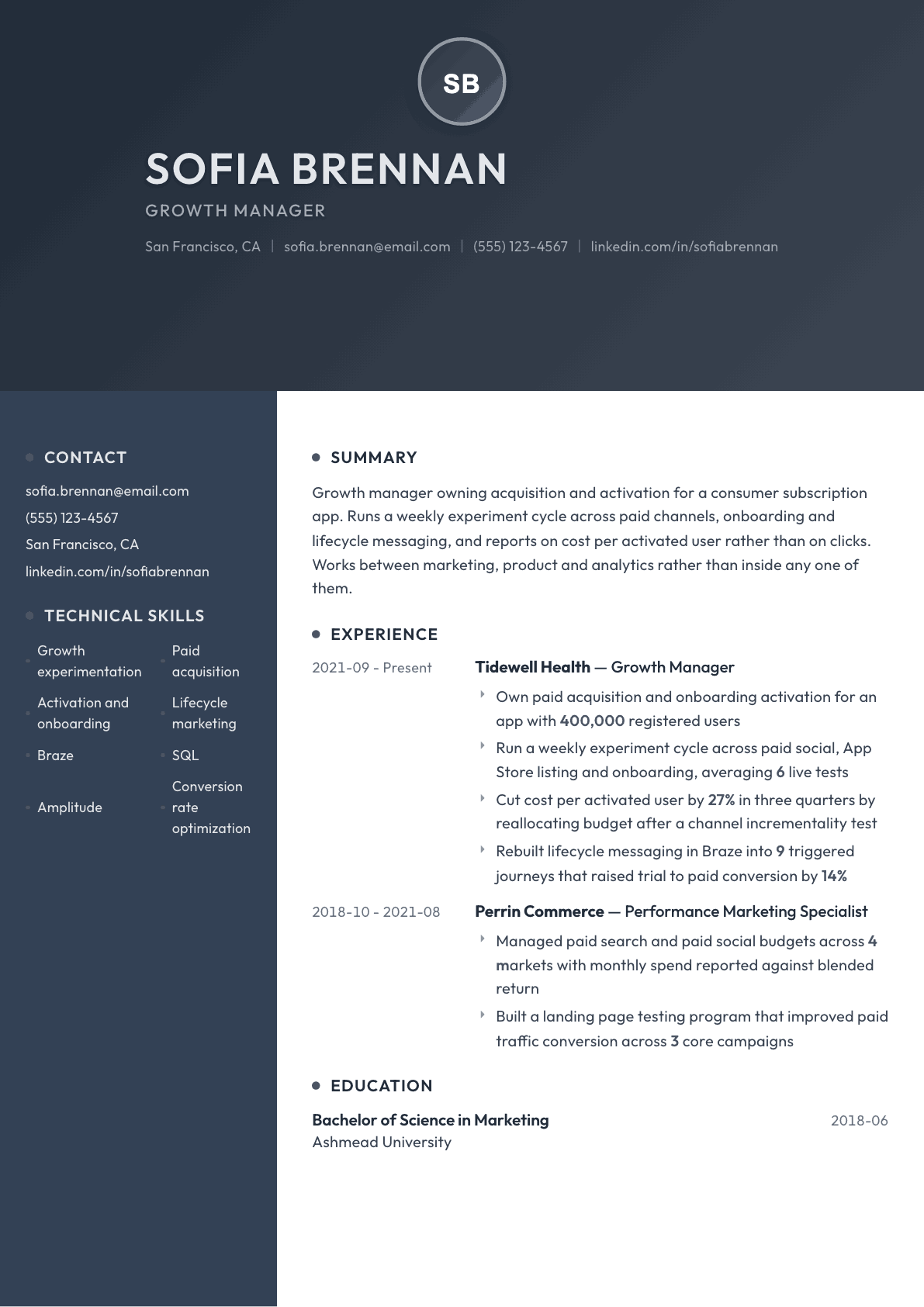 Growth Manager resume example, Binary template