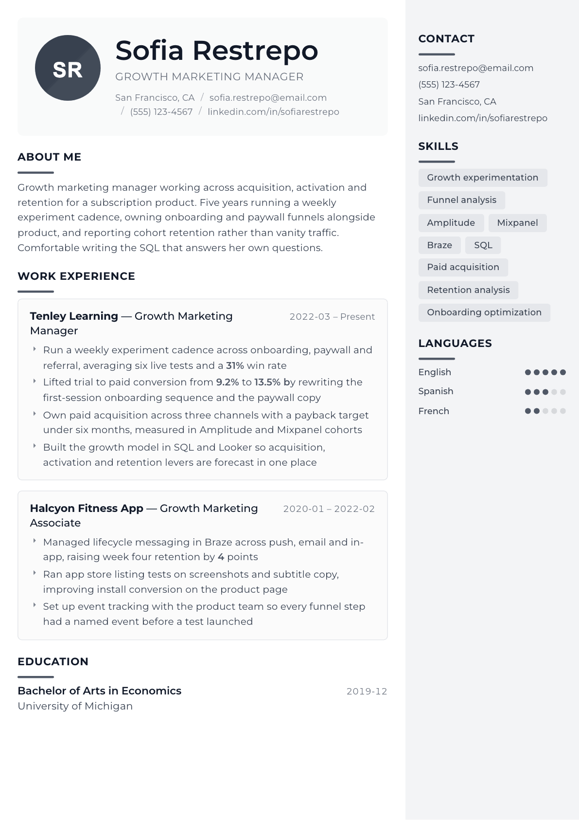 Growth Marketing Manager resume example, Metropolitan template