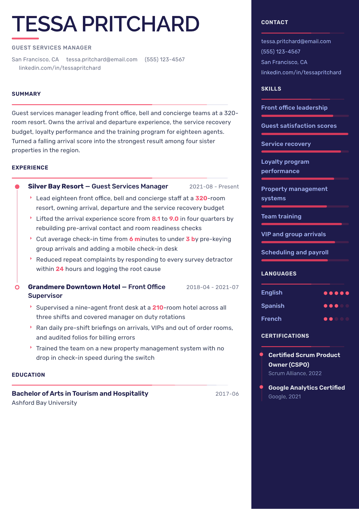 Guest Services Manager resume example, Obsidian Dark template