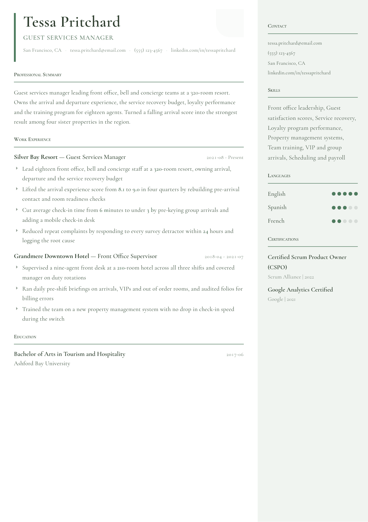 Guest Services Manager resume example, Copenhagen template