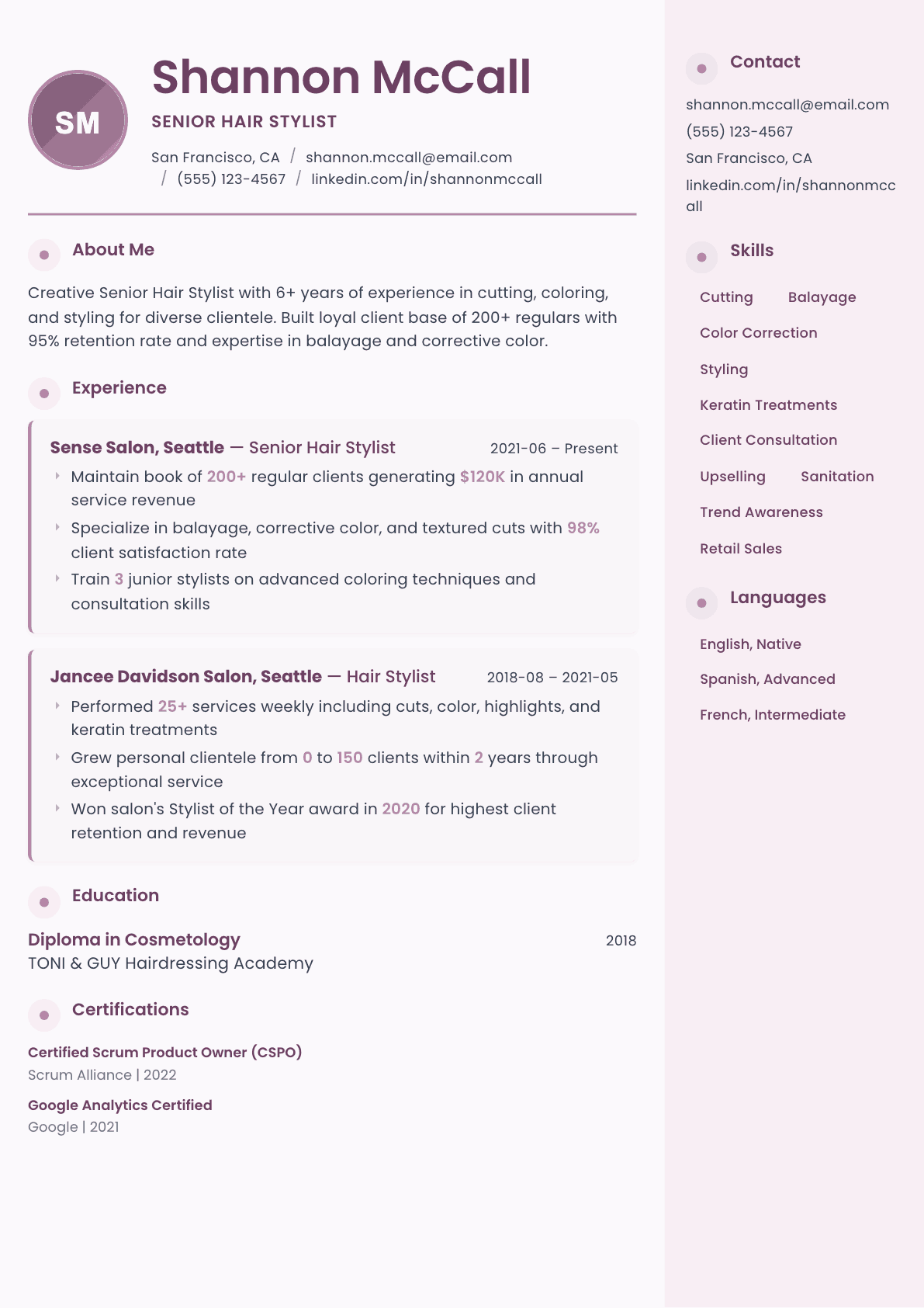 Hairstylist resume example, Bloom template