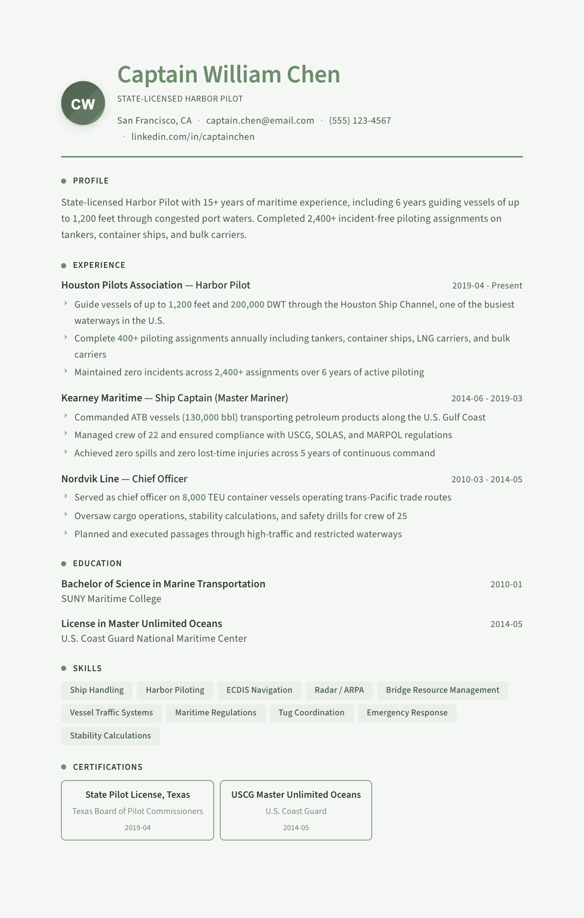 Harbor Pilot resume example, Sage Garden template