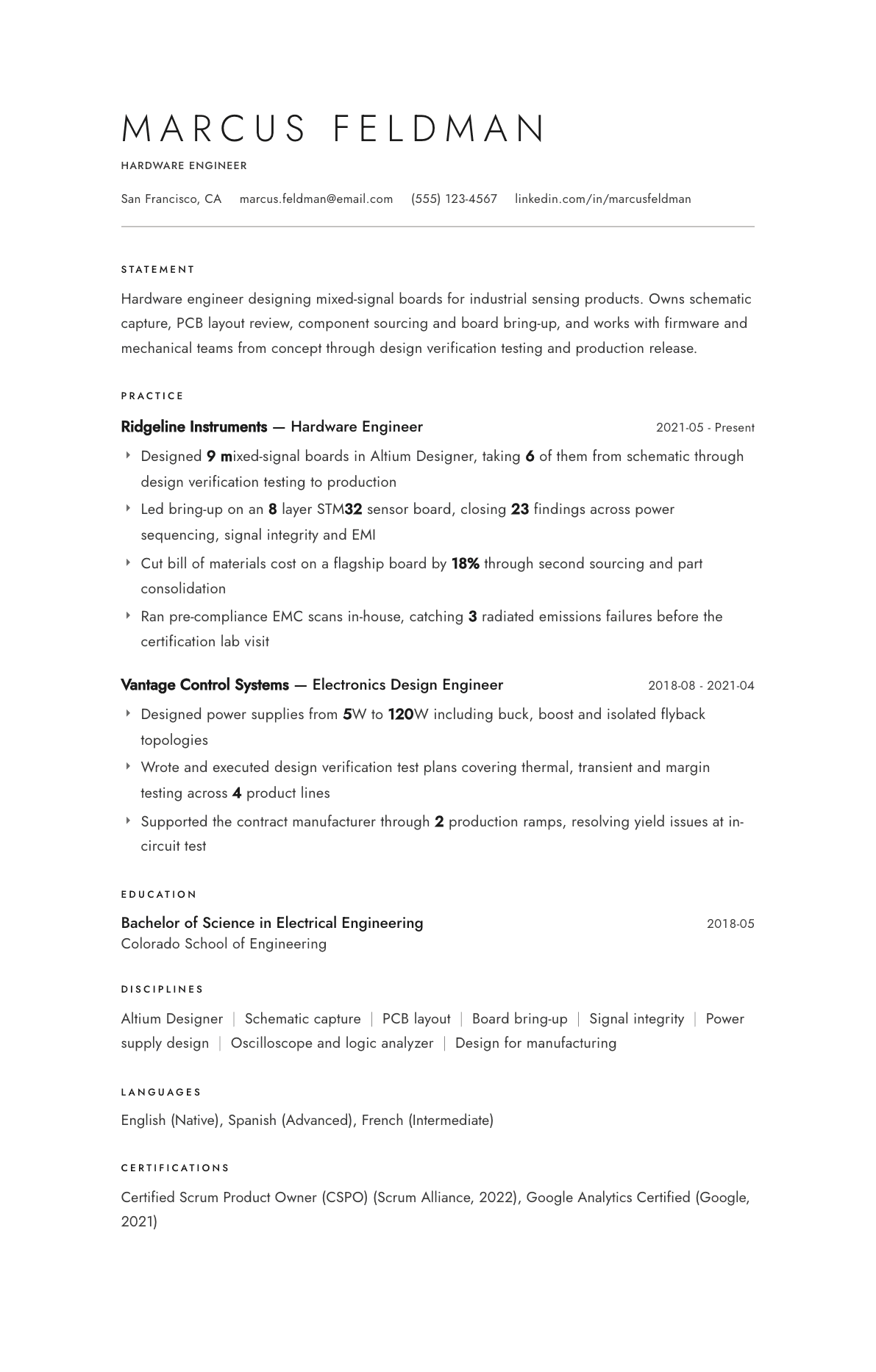 Hardware Engineer resume example, Atelier template