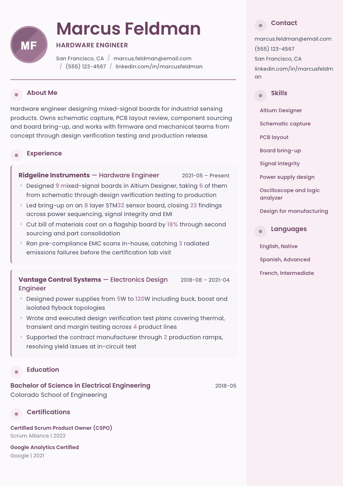 Hardware Engineer resume example, Bloom template