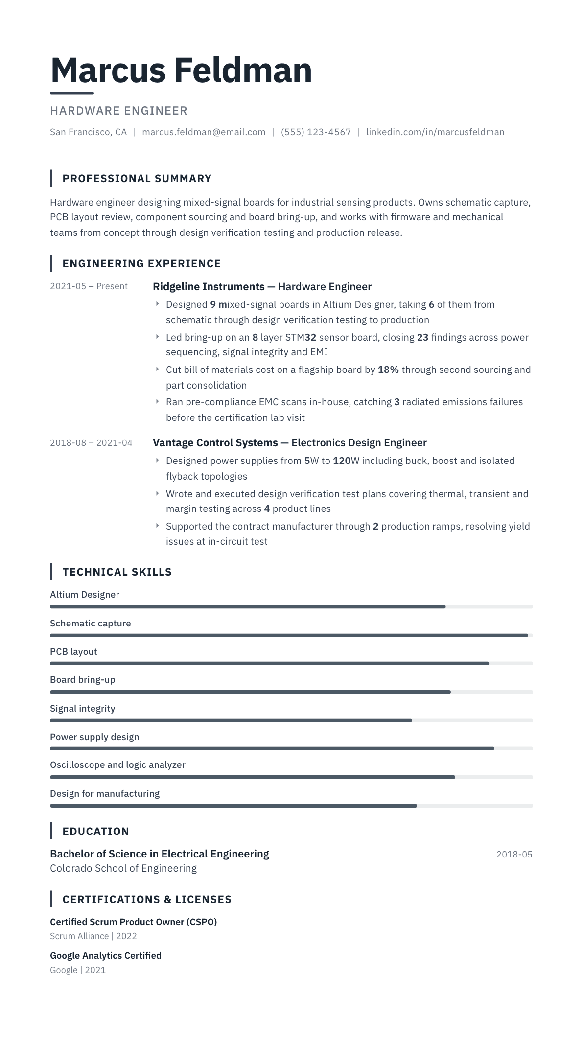 Hardware Engineer resume example, Blueprint template