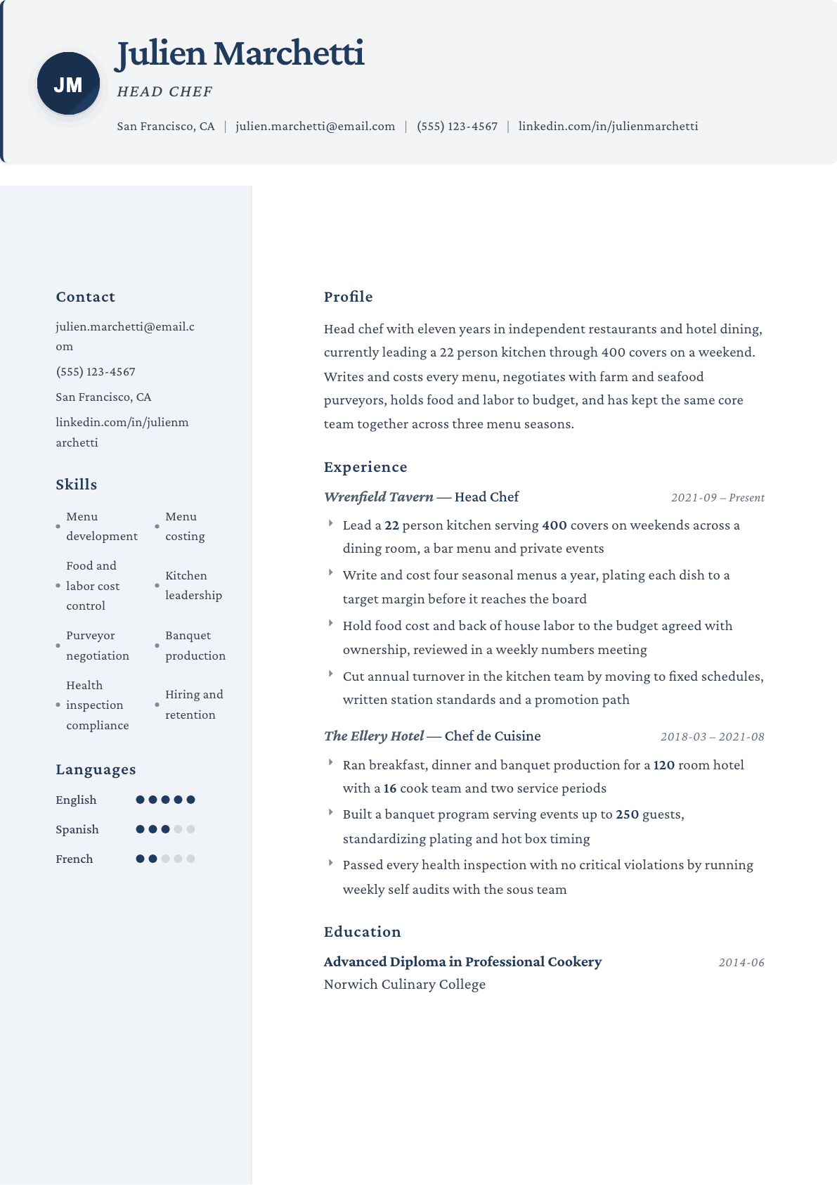 Head Chef resume example, Formal template