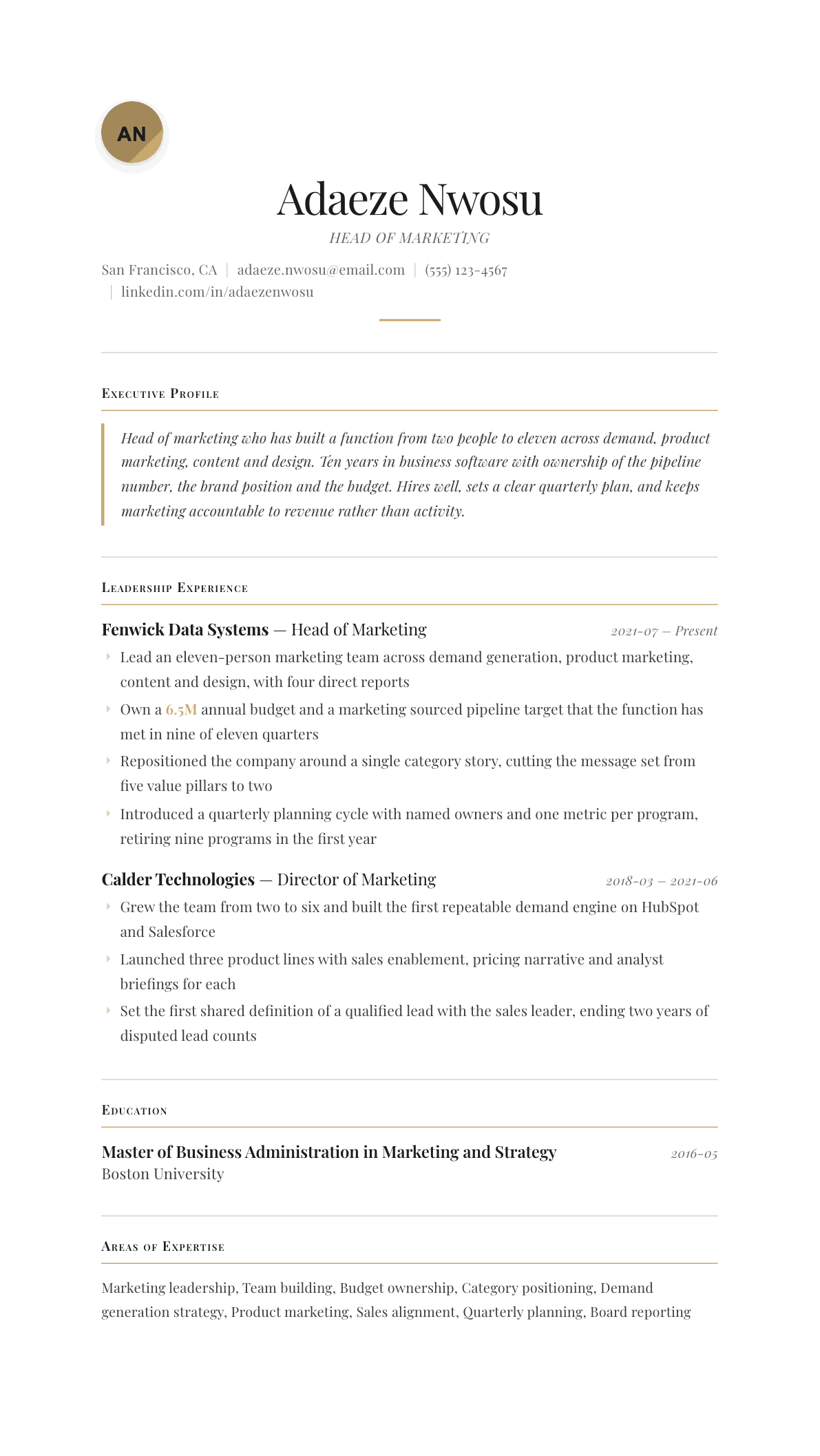 Head of Marketing resume example, Chancellor template