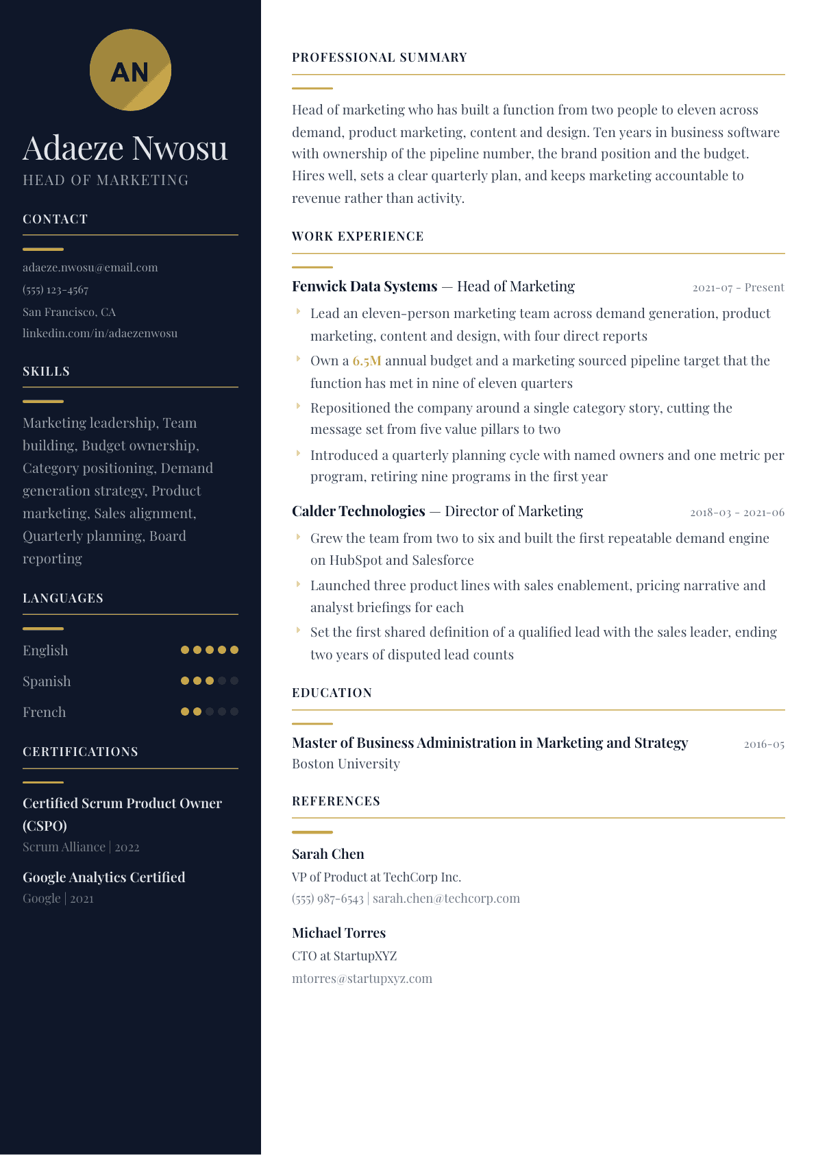 Head of Marketing resume example, Zurich template