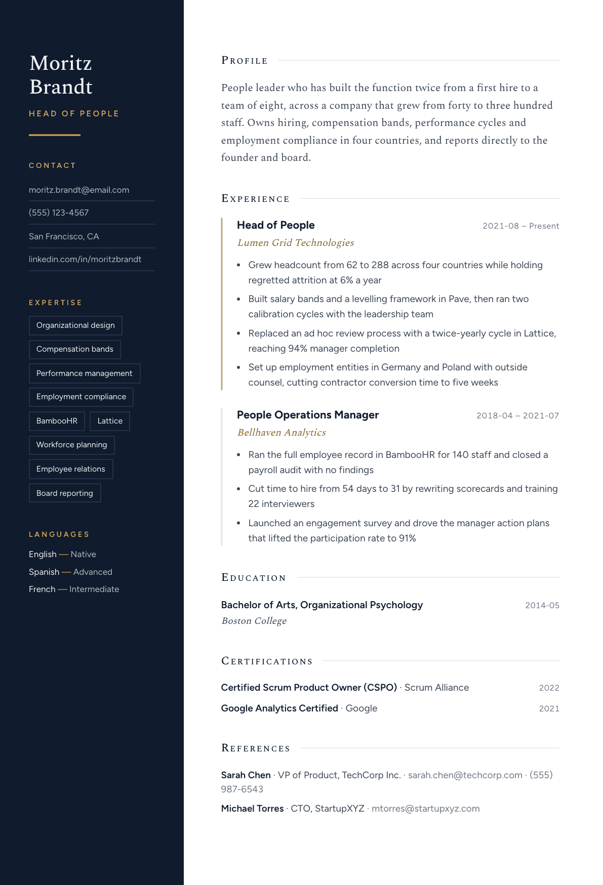 Head of People resume example, Nocturne template