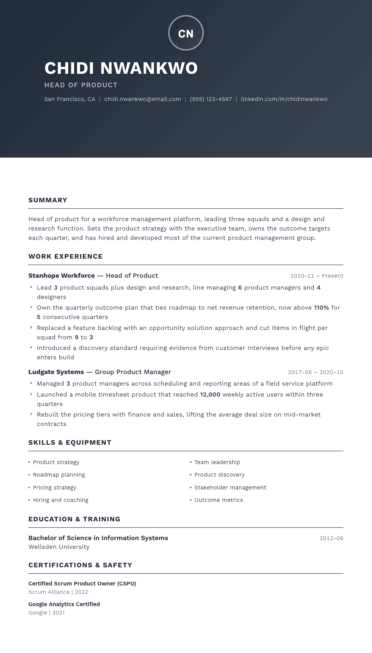 Head of Product resume example, Foundation template