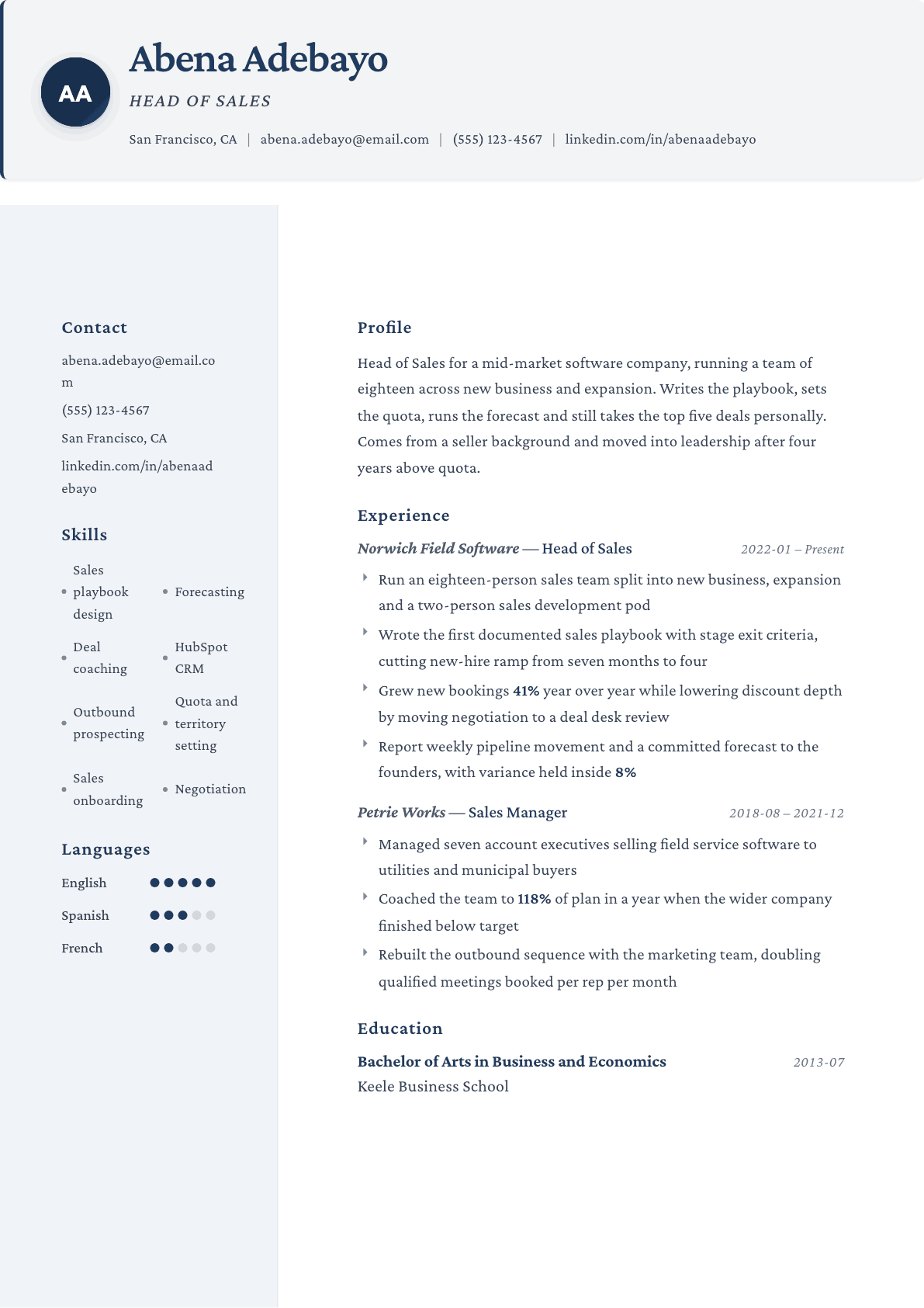 Head of Sales resume example, Formal template