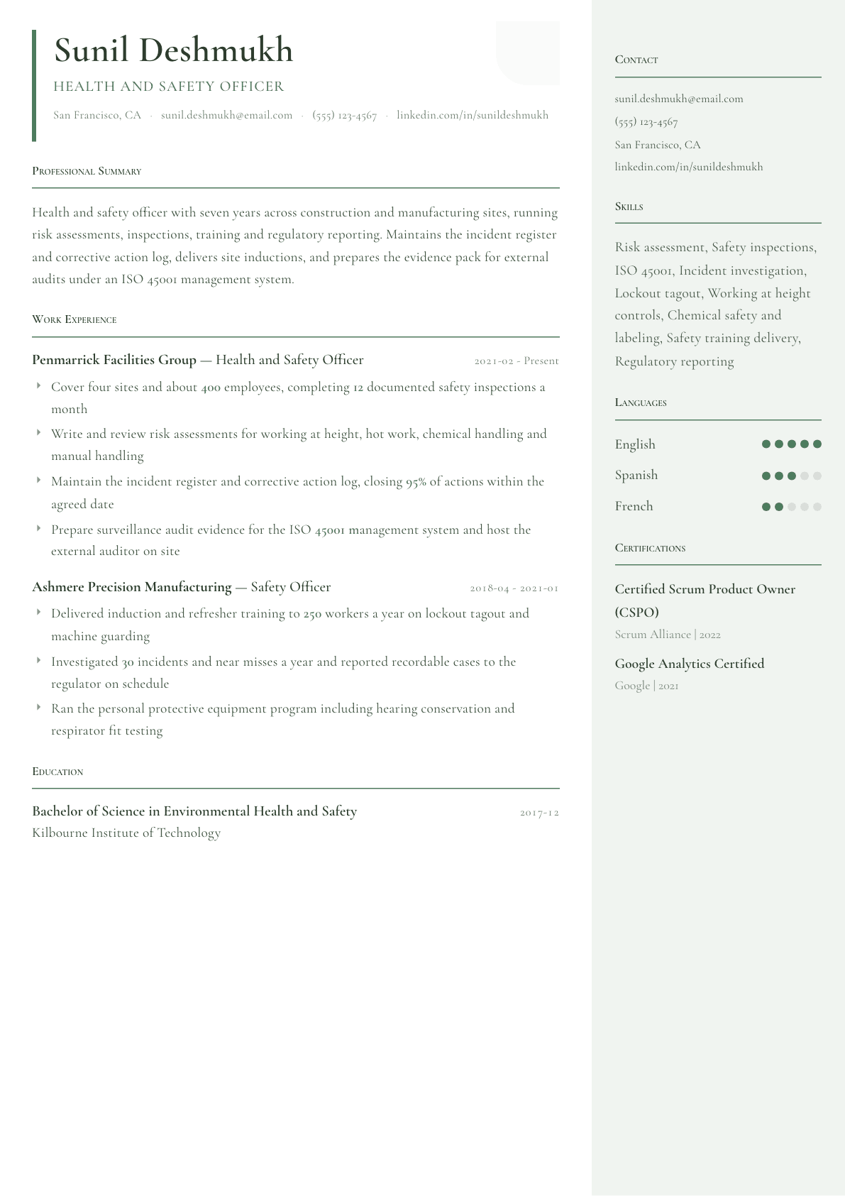 Health and Safety Officer resume example, Copenhagen template
