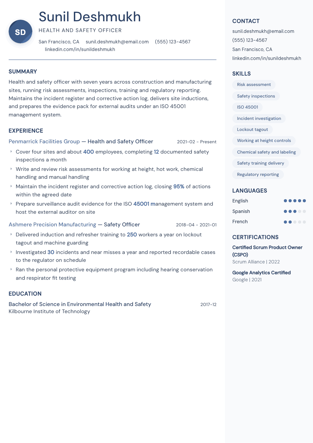 Health and Safety Officer resume example, Kernel template
