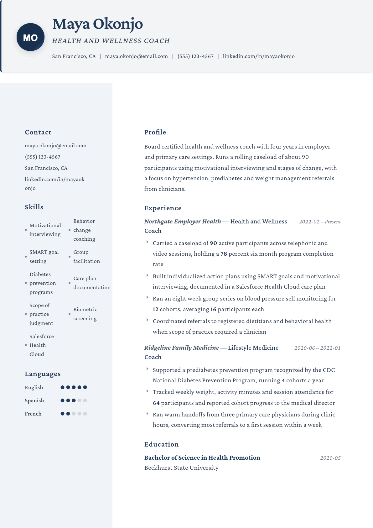 Health Coach resume example, Formal template