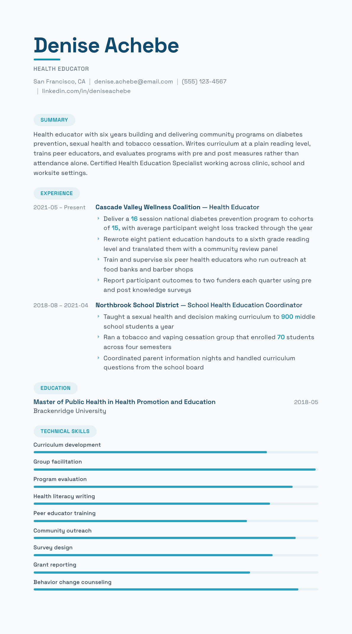Health Educator resume example, Horizon template