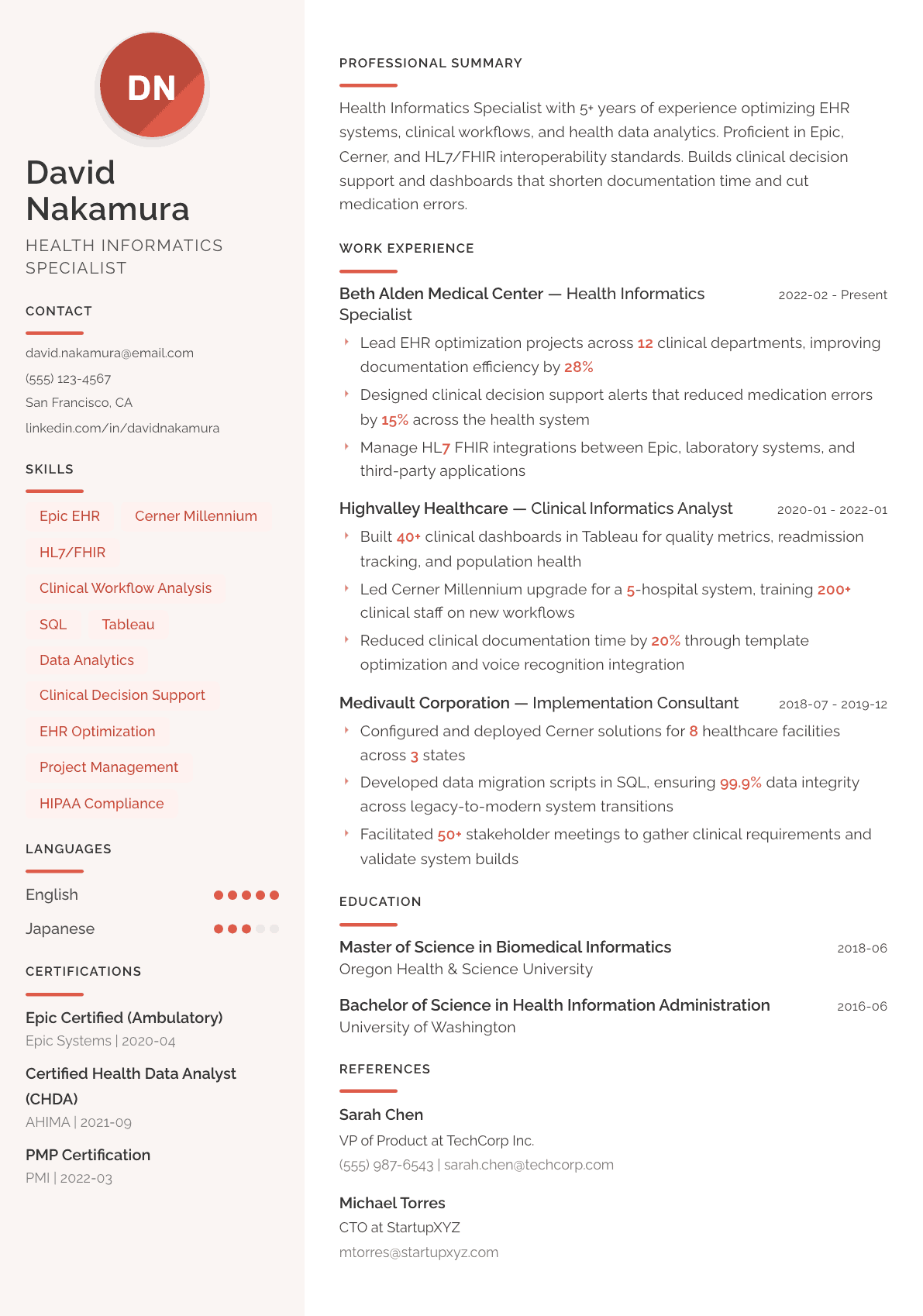 Health Informatics Specialist resume example, Milano template