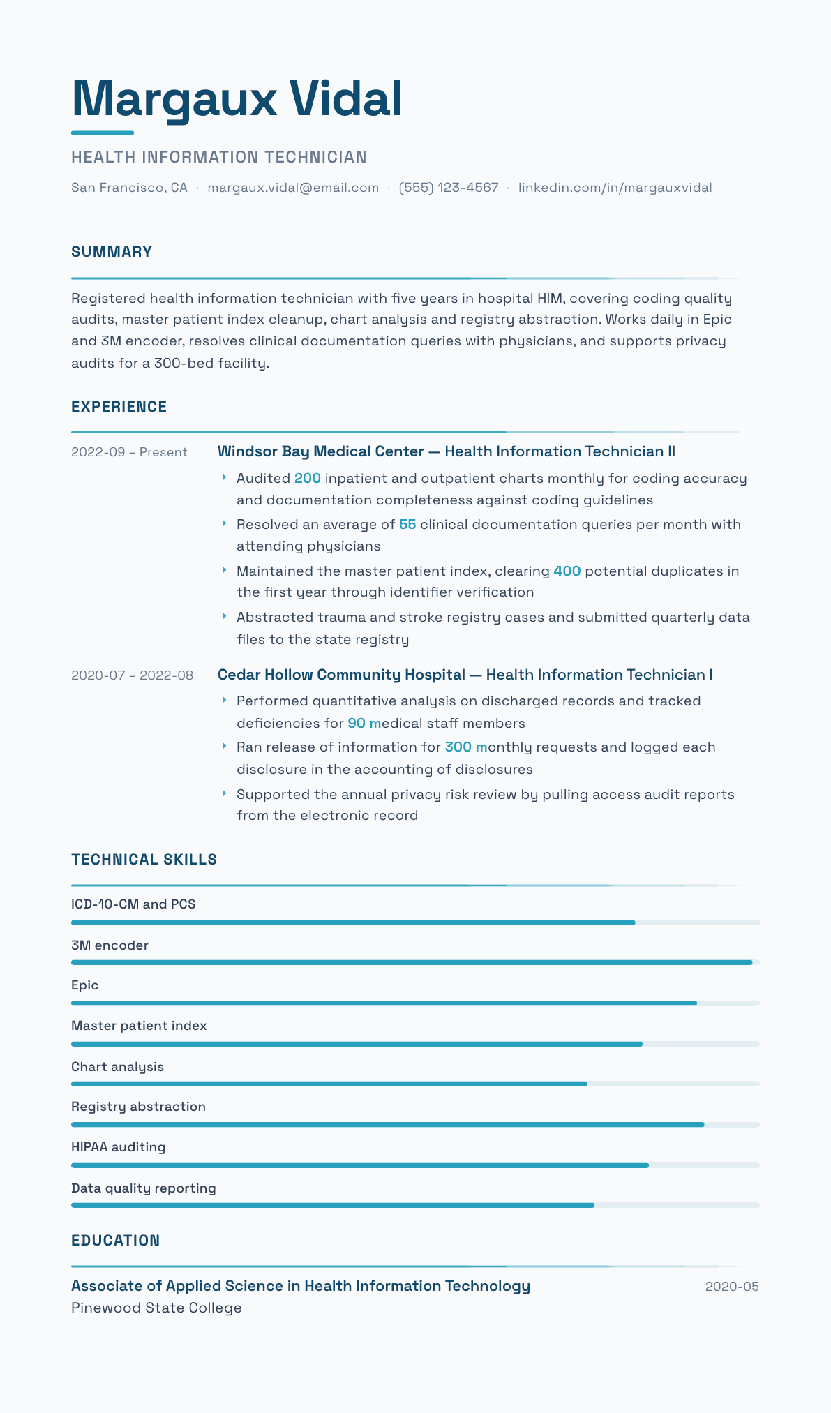 Health Information Technician resume example, Velocity template